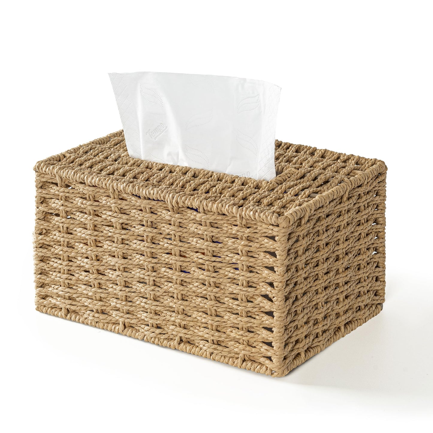 AELS Farmhouse Tissue Box Cover Square, Hand Woven Strawpaper Facial Tissue Paper Holder, Cute Tissue Box Holder Square, Boho Bathroom Decor Box for Tissues Cube Box w/Elastic Bottom, Beige