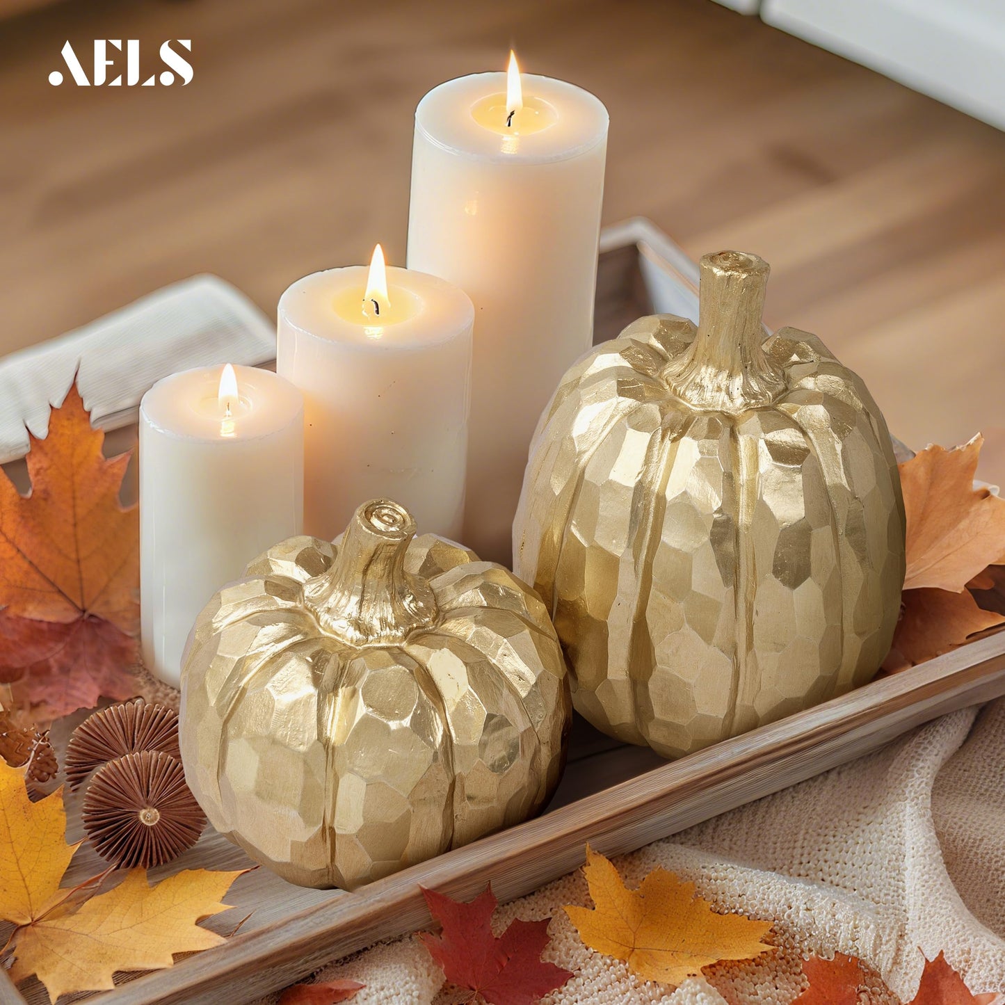 AELS 5.9" Tall Modern Pumpkins Fall Decor Indoor, Set of 2 Elegant Tabletop Decorations, Resin Artificial Pumpkins Decor for Fall Table Runner, Office, Holiday Party Home, Golden