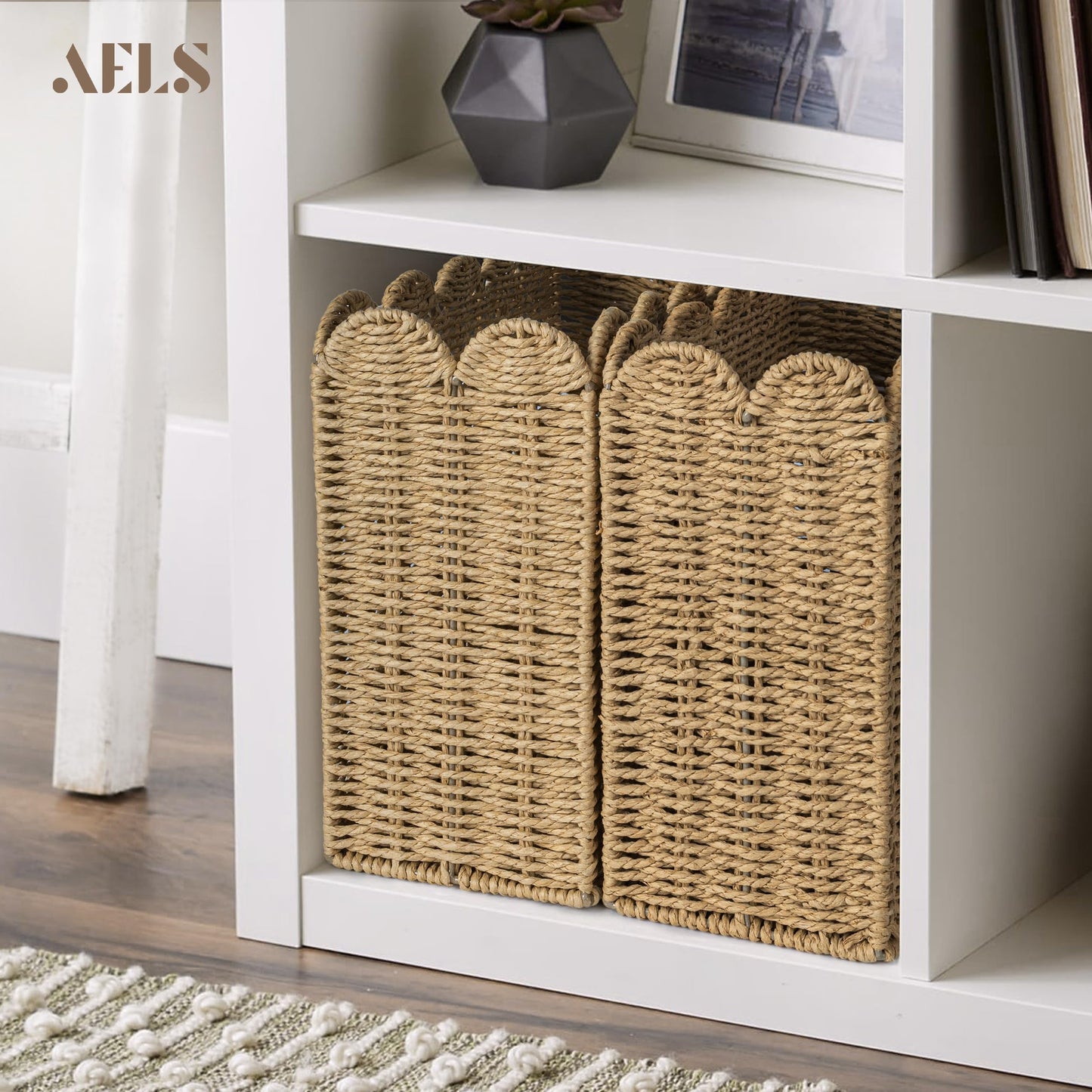 AELS Woven Natural Fibre Magazine Holder, Scalloped Edge Magazine Rack Floor, Hand-woven Magazine Organizer, Magazine Basket, Boho Modern Farmhouse Book Basket, File Newspaper Mail Holder for Office