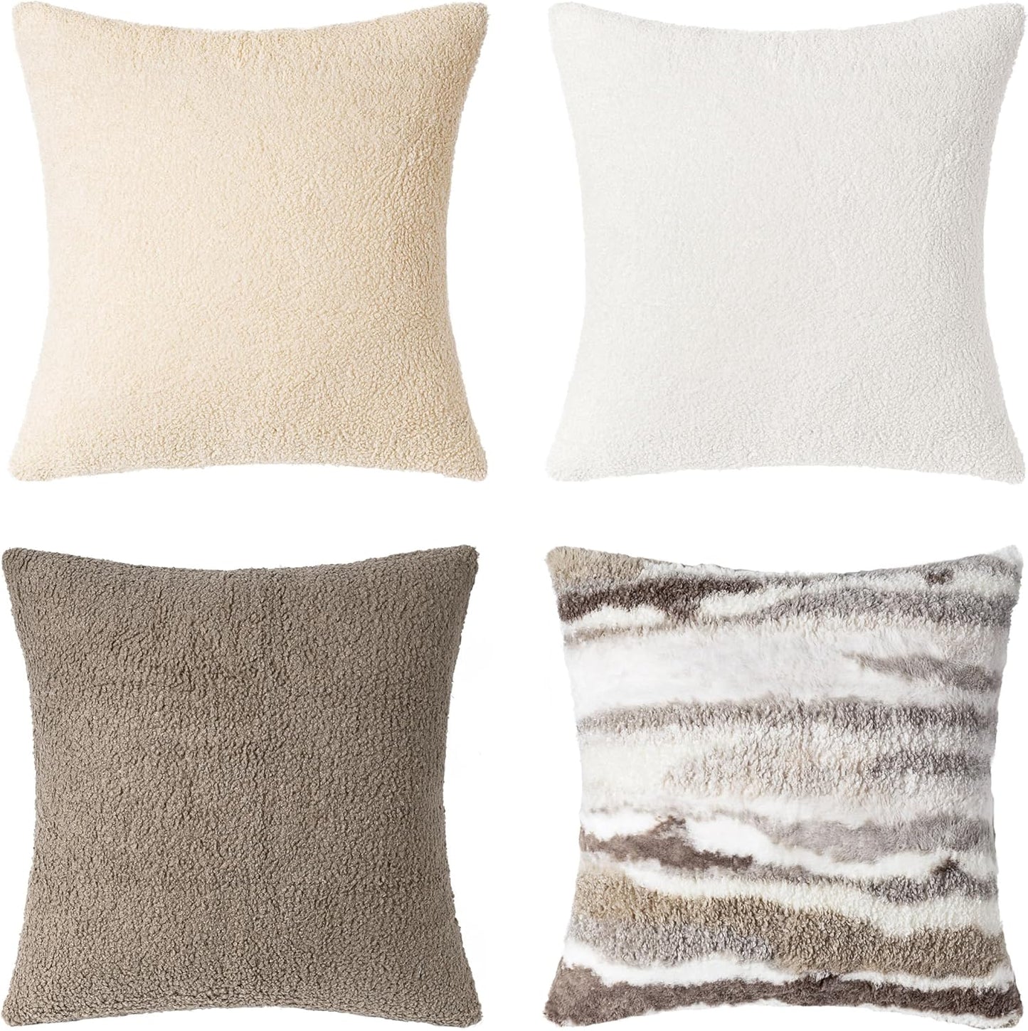 AELS Abstract Marble Pattern Neutral Throw Pillow Covers 18x18, Set of 4, Faux Fur Decorative Cushion Cases in Earth Tones for Couch Bed Sofa Living Room (Covers Only)