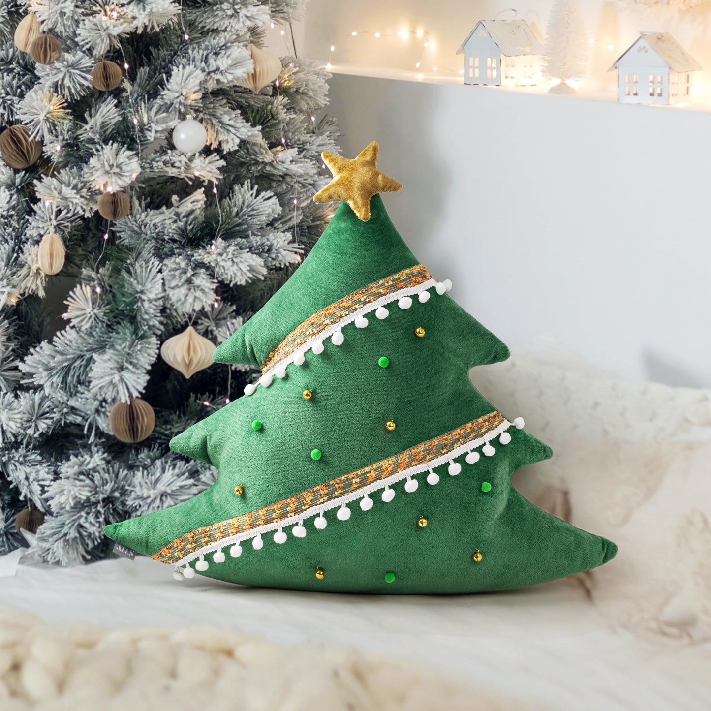 AELS Christmas Tree Decorative Throw Pillow, 19.6 & 15.7 Inch Holiday Throw Pillows for Christmas Decor, Plush Tree Shaped Decorative Pillows for Living Room Bedroom Sofa, Green