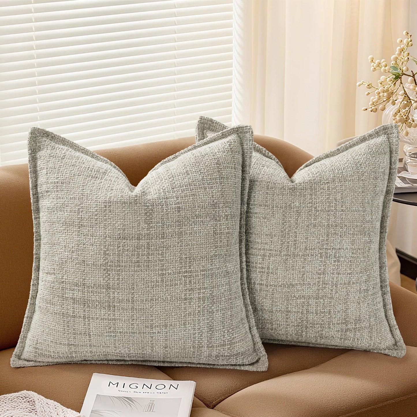 AELS 16x16 Decorative Chenille Farmhouse Throw Pillow Covers, Woven Pillow Case, Set of 2, Boho Textured Cushion Cover for Sofa Couch Living Room (Cover ONLY), Beige