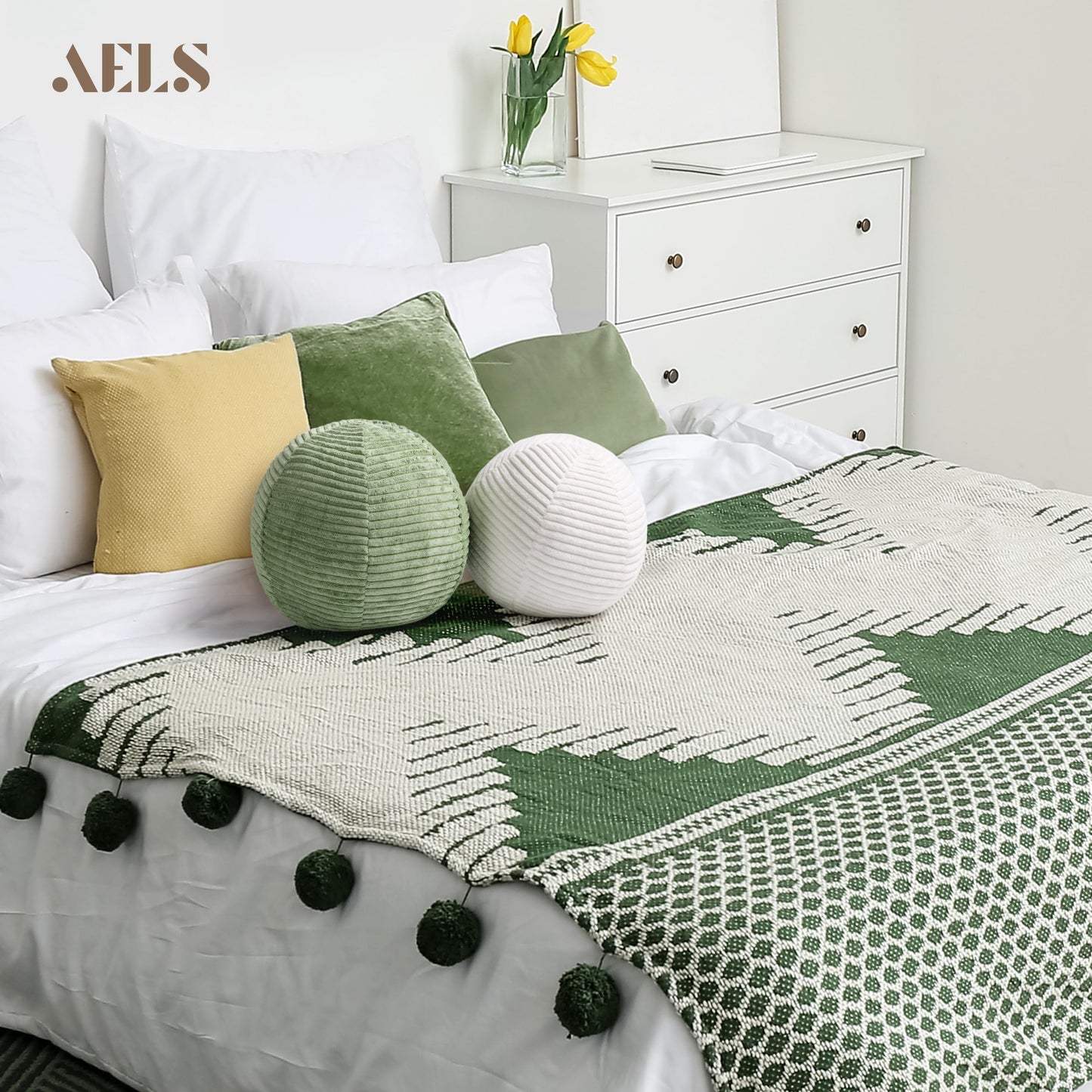 AELS Round Decorative Throw Pillows, Set of 2, 11.8"& 10" Corduroy Striped Ball Pillow Set for Couch Sofa Living Room Bedroom Nursery Decor, Mid Century Modern Home Decor, Sage Green