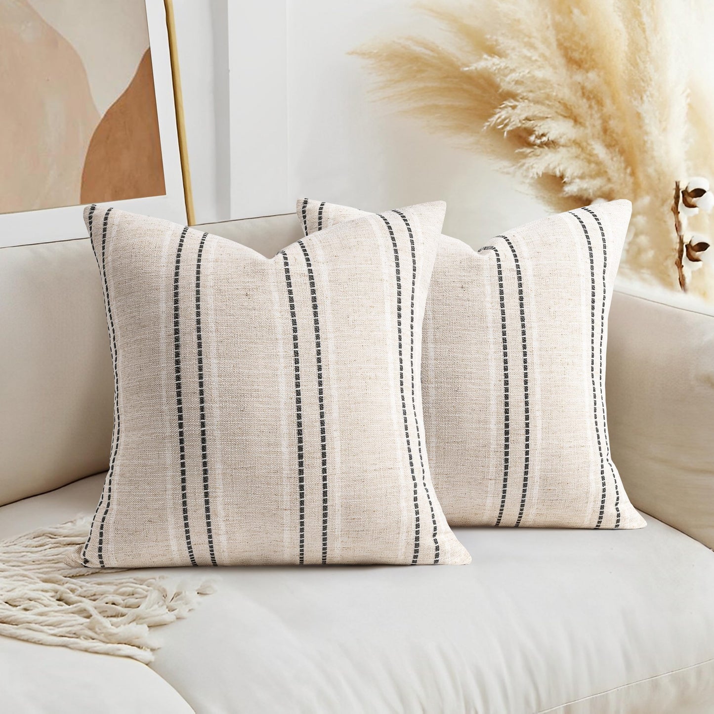 AELS 14x36 Decorative Lumbar Throw Pillow Covers, Farmhouse Linen Textured Long Pillow Case, Beige with White & Navy Blue Stitch Boho Cushion Cover for Couch Living Room (Cover ONLY)