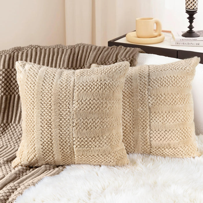 AELS 20x20 Decorative Boho Farmhouse Striped Throw Pillow Covers, Soft Faux Fur Pillow Case, Set of 2, Textured Patchwork Cushion Cover for Sofa Couch Living Room, Apricot & Brown (Cover ONLY)