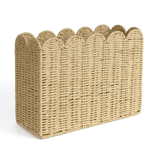 AELS Woven Natural Fibre Magazine Holder, Scalloped Edge Magazine Rack Floor, Hand-woven Magazine Organizer, Magazine Basket, Boho Modern Farmhouse Book Basket, File Newspaper Mail Holder for Office