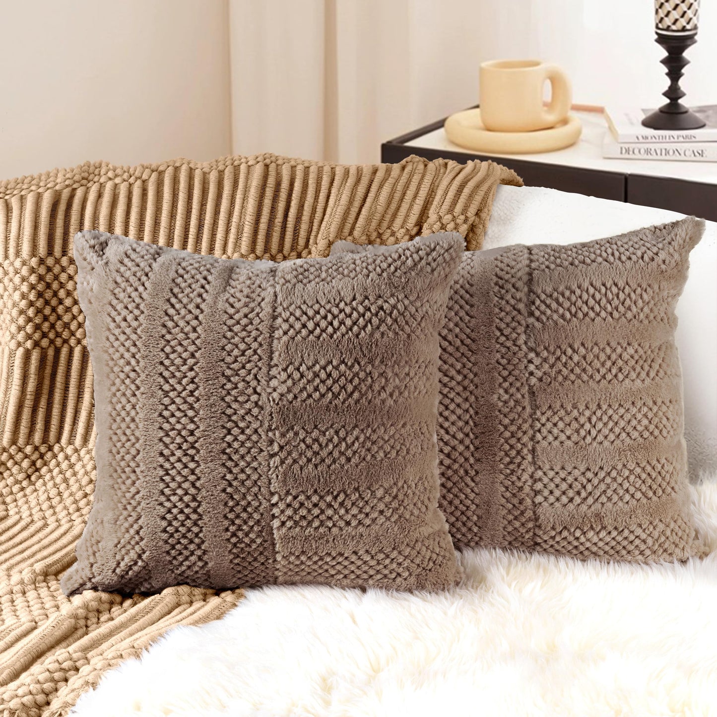 AELS 20x20 Decorative Boho Farmhouse Striped Throw Pillow Covers, Soft Faux Fur Pillow Case, Set of 2, Textured Patchwork Cushion Cover for Sofa Couch Living Room, Apricot & Brown (Cover ONLY)