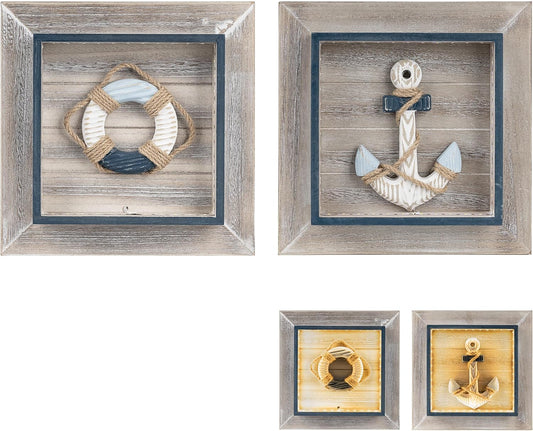 AELS 11.4" Large Wooden 3D Ocean Theme Wall Art Decor with LED Light, Rustic Nautical Wall Decor Framed Set of 2, Farmhouse Coastal Wall Art Sculpture, Shabby Chic Home Decor, Anchor & Life Ring