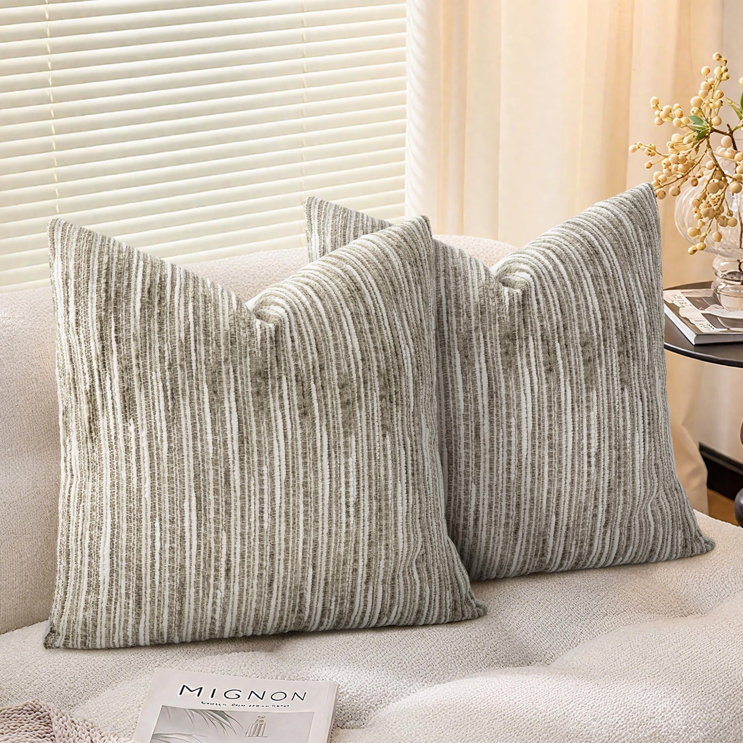 AELS 18x18 Decorative Farmhouse Throw Pillow Covers, Chenille Striped Pillow Case, Set of 2, Boho Textured Cushion Cover for Sofa Couch Living Room (Cover ONLY), Black and White