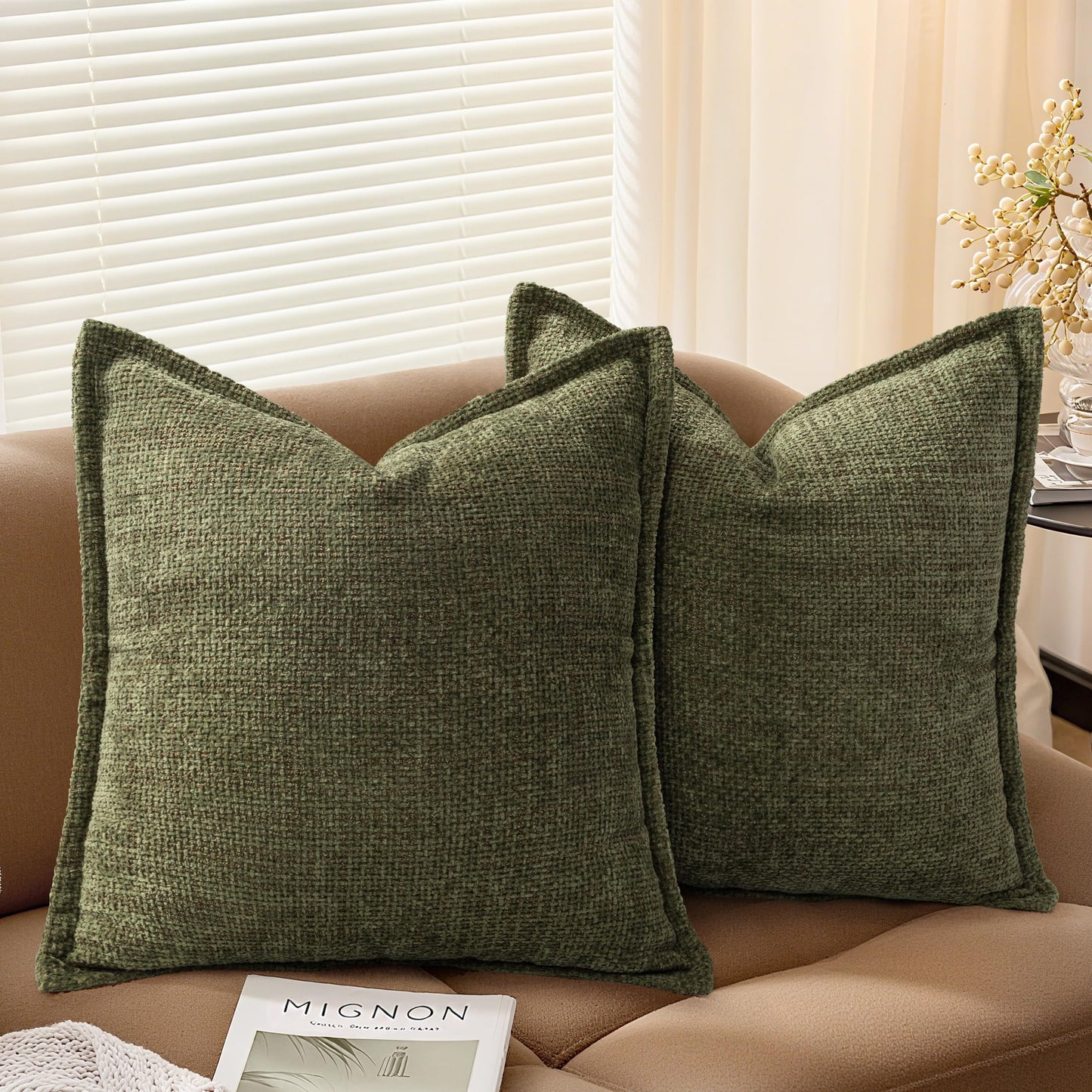 AELS 16x16 Decorative Chenille Farmhouse Throw Pillow Covers, Woven Pillow Case, Set of 2, Boho Textured Cushion Cover for Sofa Couch Living Room (Cover ONLY), Beige