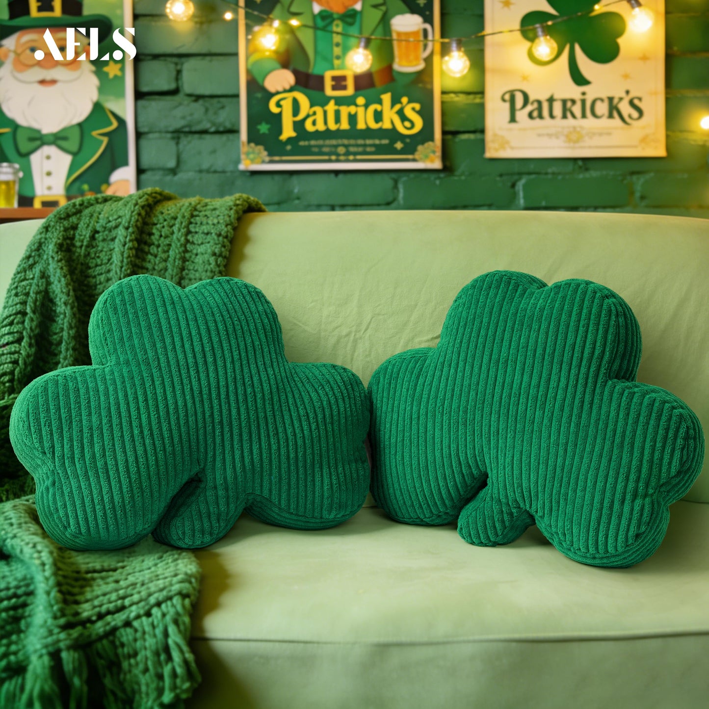 AELS Shamrock Pillow Set of 2, St. Patrick's Day Decorative Throw Pillow, 15.7" Corduroy Striped Cute Cushion for Living Room & Bedroom, Perfect for Holiday Home Decor, Irish Green