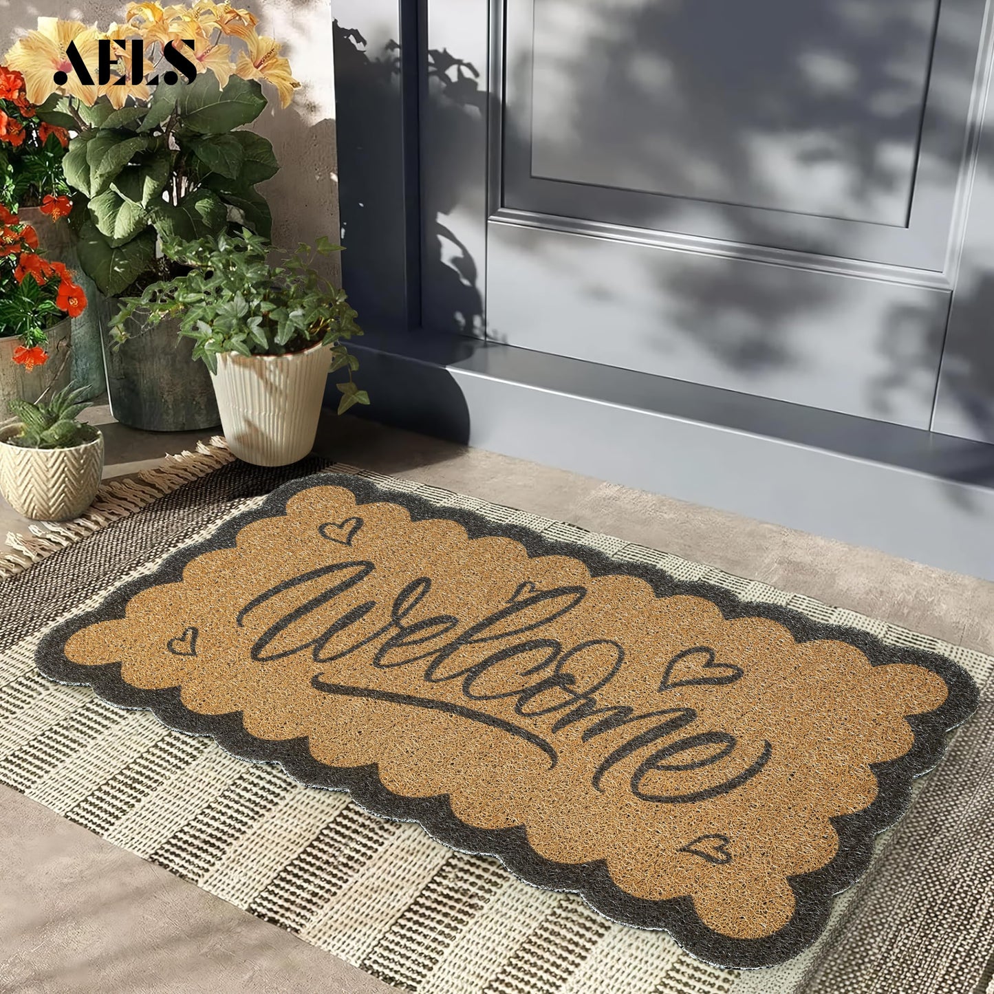 AELS 31.7" x 17" Outdoor Welcome Mat, Dirt Trapper Front Door Mat, Low Profile Entryway Rug, Small Garage Door Mat, Half Circle Door Mat Indoor, Easy to Clean Door Mat Waterproof, Sage Green