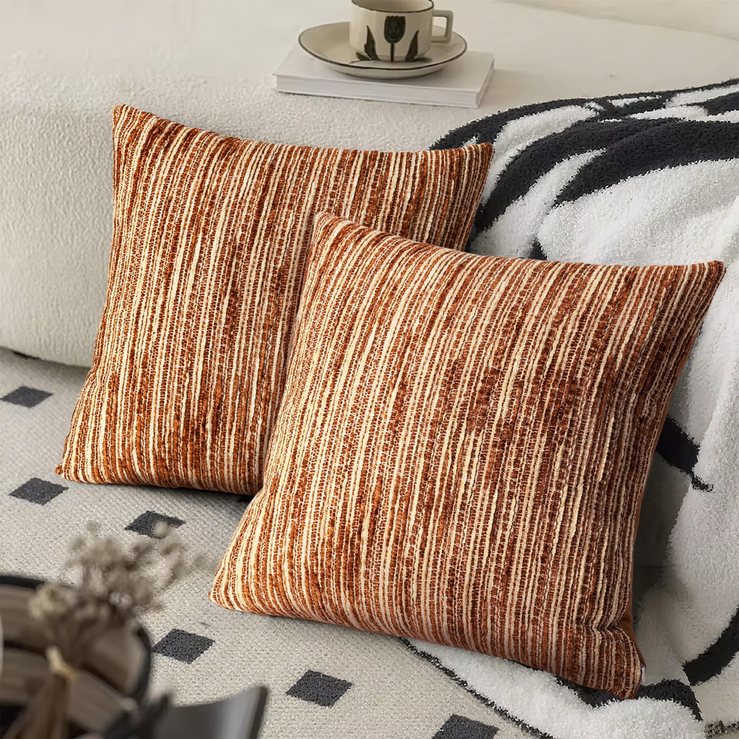 AELS 18x18 Decorative Farmhouse Throw Pillow Covers, Chenille Striped Pillow Case, Set of 2, Boho Textured Cushion Cover for Sofa Couch Living Room (Cover ONLY), Black and White