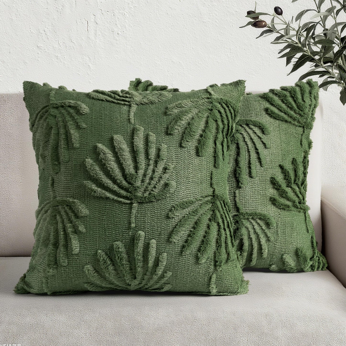 AELS Decorative Throw Pillow Covers 18x18, Set of 2, Modern Farmhouse Fan Palm Leaves Soft Plush Couch Pillow Case for Bed Couch Sofa, Green (Covers Only)