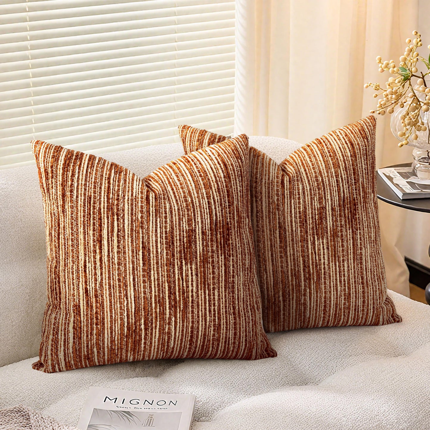 AELS 18x18 Decorative Farmhouse Throw Pillow Covers, Chenille Striped Pillow Case, Set of 2, Boho Textured Cushion Cover for Sofa Couch Living Room (Cover ONLY), Black and White