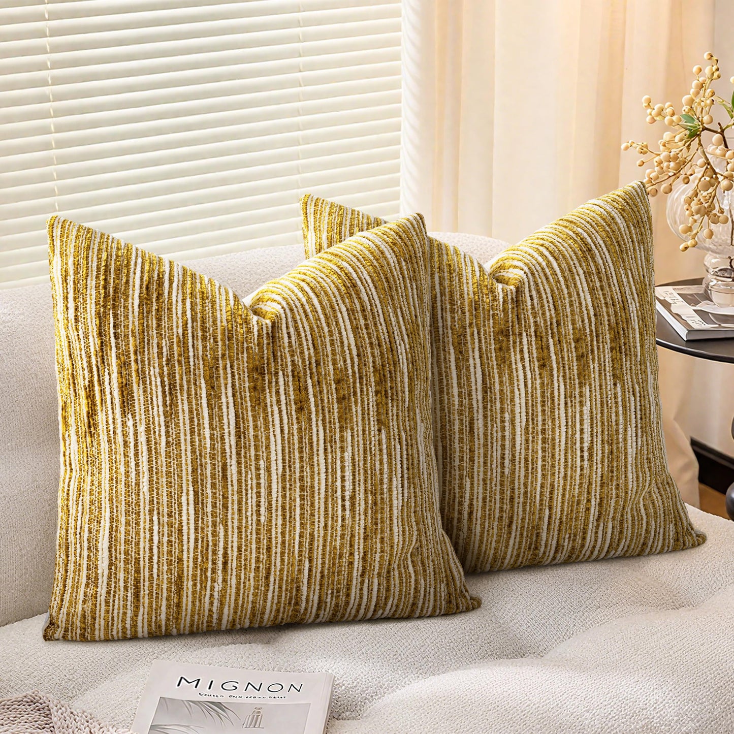AELS 18x18 Decorative Farmhouse Throw Pillow Covers, Chenille Striped Pillow Case, Set of 2, Boho Textured Cushion Cover for Sofa Couch Living Room (Cover ONLY), Black and White