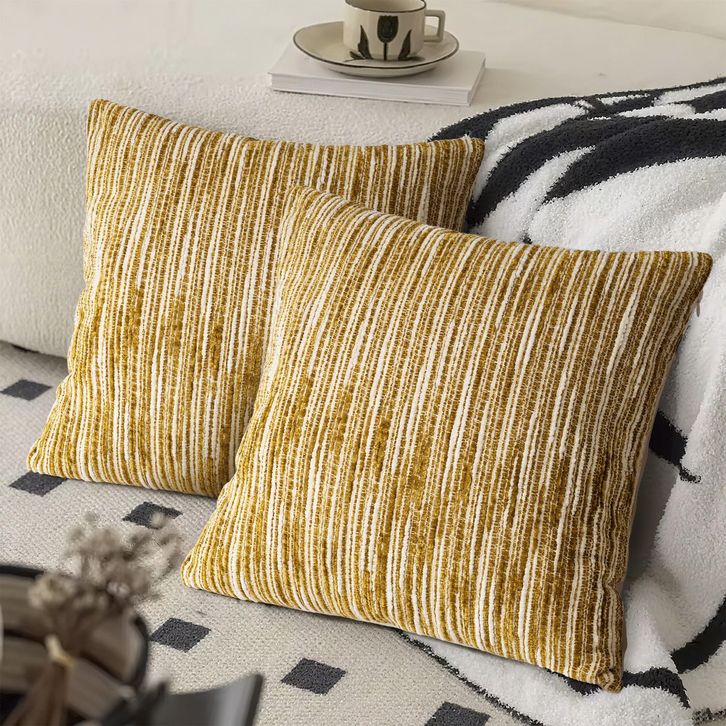AELS 18x18 Decorative Farmhouse Throw Pillow Covers, Chenille Striped Pillow Case, Set of 2, Boho Textured Cushion Cover for Sofa Couch Living Room (Cover ONLY), Black and White