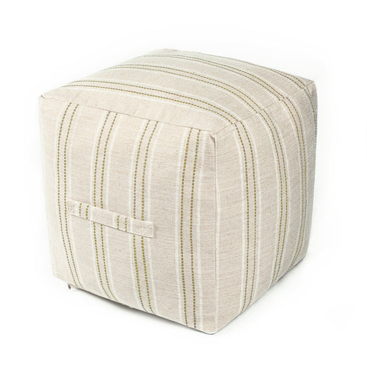 AELS Unstuffed Farmhouse Pouf Cover for Living Room, Boho Storage Bean Bag Cubes, Beige with Brown Stitch Yarn Dyed Stripe Linen Square Ottoman Pouf Foot Rest Footstool, 18"x18"x18", Cover ONLY