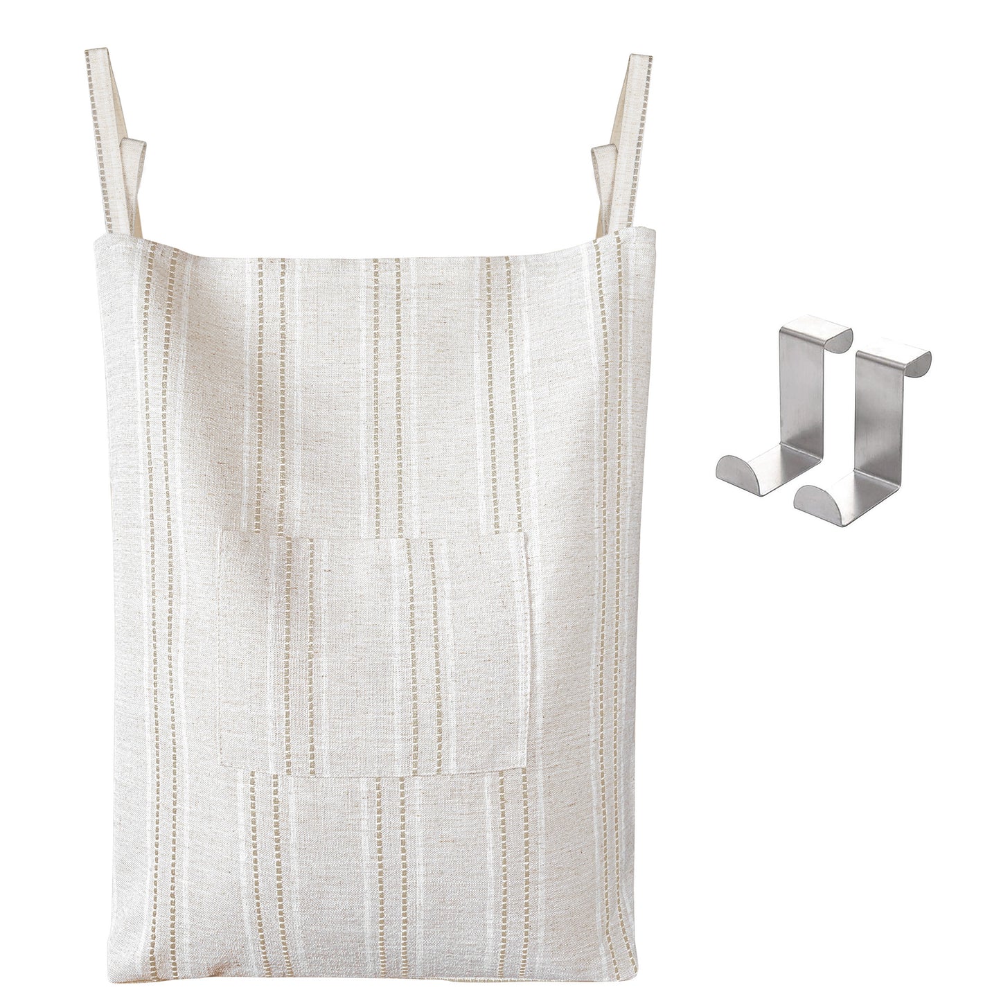 AELS Farmhouse Hanging Laundry Hamper with 2 Hooks, Boho Beige & Black Stripes Linen Laundry Bag with Zipper & Wide Open Top, Over the Door Organizer for Dirty Clothes, Washable Space Saving Storage