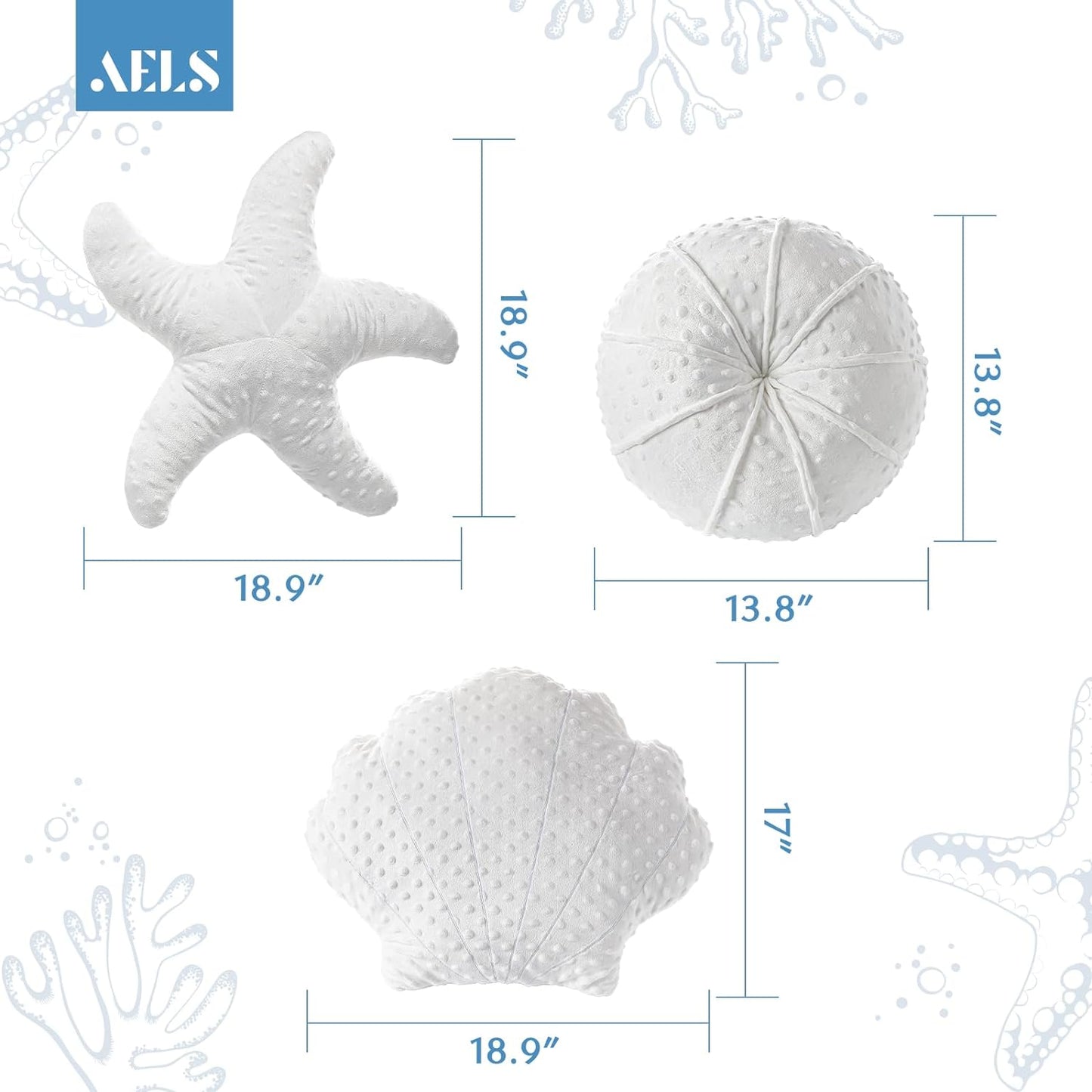 AELS Coastal Throw Pillows Set of 2, Starfish Shell Pillows, Beach Ocean Nautical Themed Smooth Soft Minky Decorative Throw Pillows, Cute Pillow for Couch Sofa Bed Living Room Bedroom Nursery, White