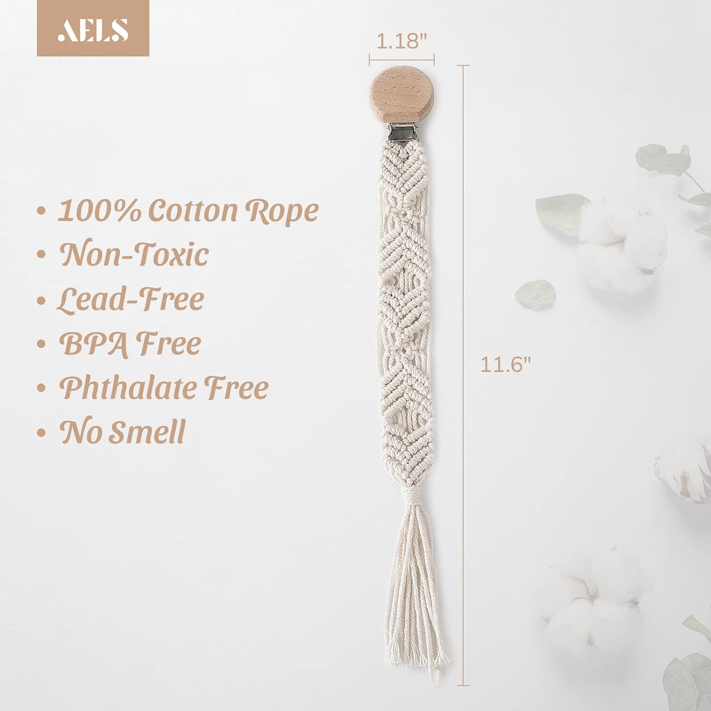 AELS 11.8" Macrame Baby Pacifier Clip, Set of 5, Natural Pacifier Holder Teething Clips for Boys Girls Infant Baby, Boho Style Handmade Cotton Rope