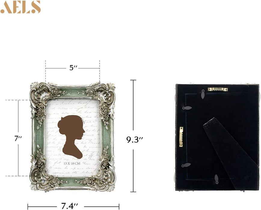 AELS 5x7 Inch Vintage Picture Frame, Elegant Antique Photo Frames with Glass Front, Photo Display, Tabletop Wall Hanging, Gift Ideas, Silver and Green