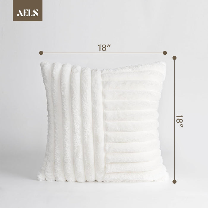 AELS 18x18 Soft Faux Fur Striped Throw Pillow Covers, Decorative Plush Square Pillow Case, Set of 2, Velvet Cushion Cover for Sofa Couch Living Room, Modern Farmhouse Home Decor, White (Cover ONLY)