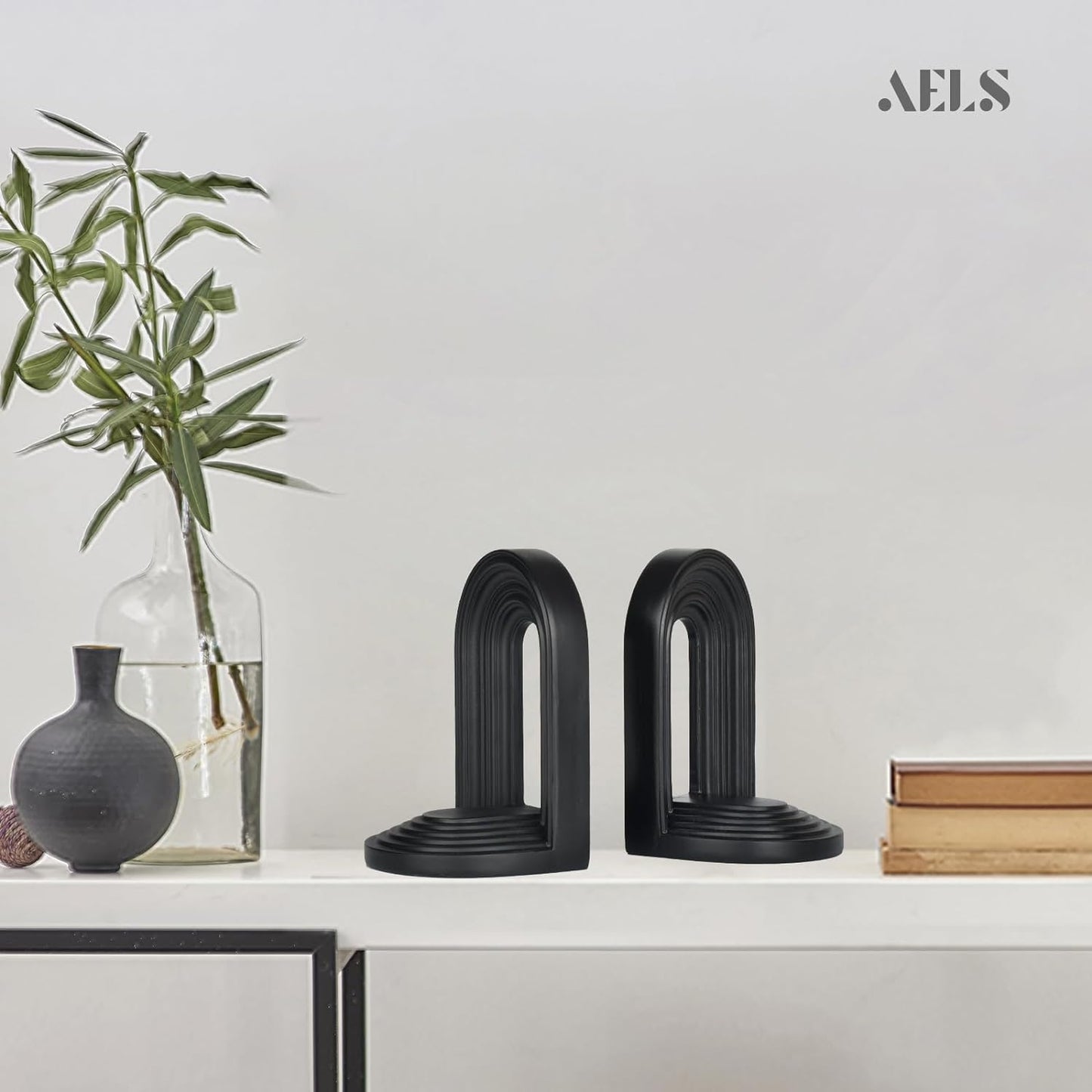 AELS Mordern Bookends , Mid Century Arch Heavy Duty Book Ends, Unique Decorative Bookend Supports for Shelves, Office Desktop Book Stand, Stopper for Books/Movies/CD,Thanksgiving, Black