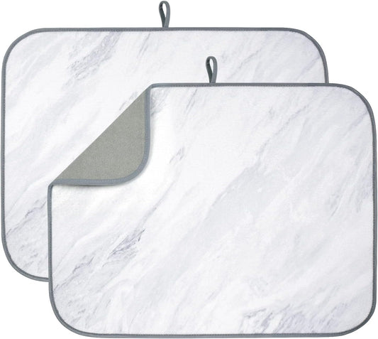 AELS XL 24" x 18" Dish Drying Mat, Set of 2, for Kitchen Counter, White Marble Reversible Absorbent Microfiber Dish Drainer/Rack Pads with Hanging Loop