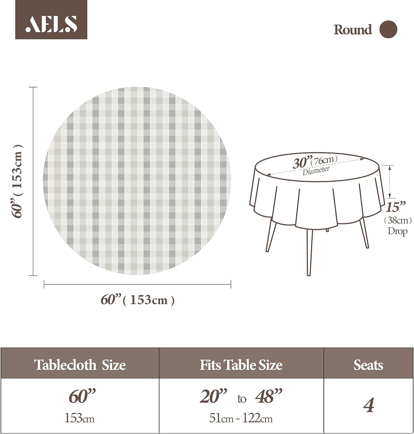 AELS 60"Round Tablecloth, Vinyl Coated Fabric Waterproof Oil-Proof Stain Resistant Washable Printed Indoor Table Cover, Decorative Table Cloths for Dining Tables, Kitchen and Parties, Light Brown Grid