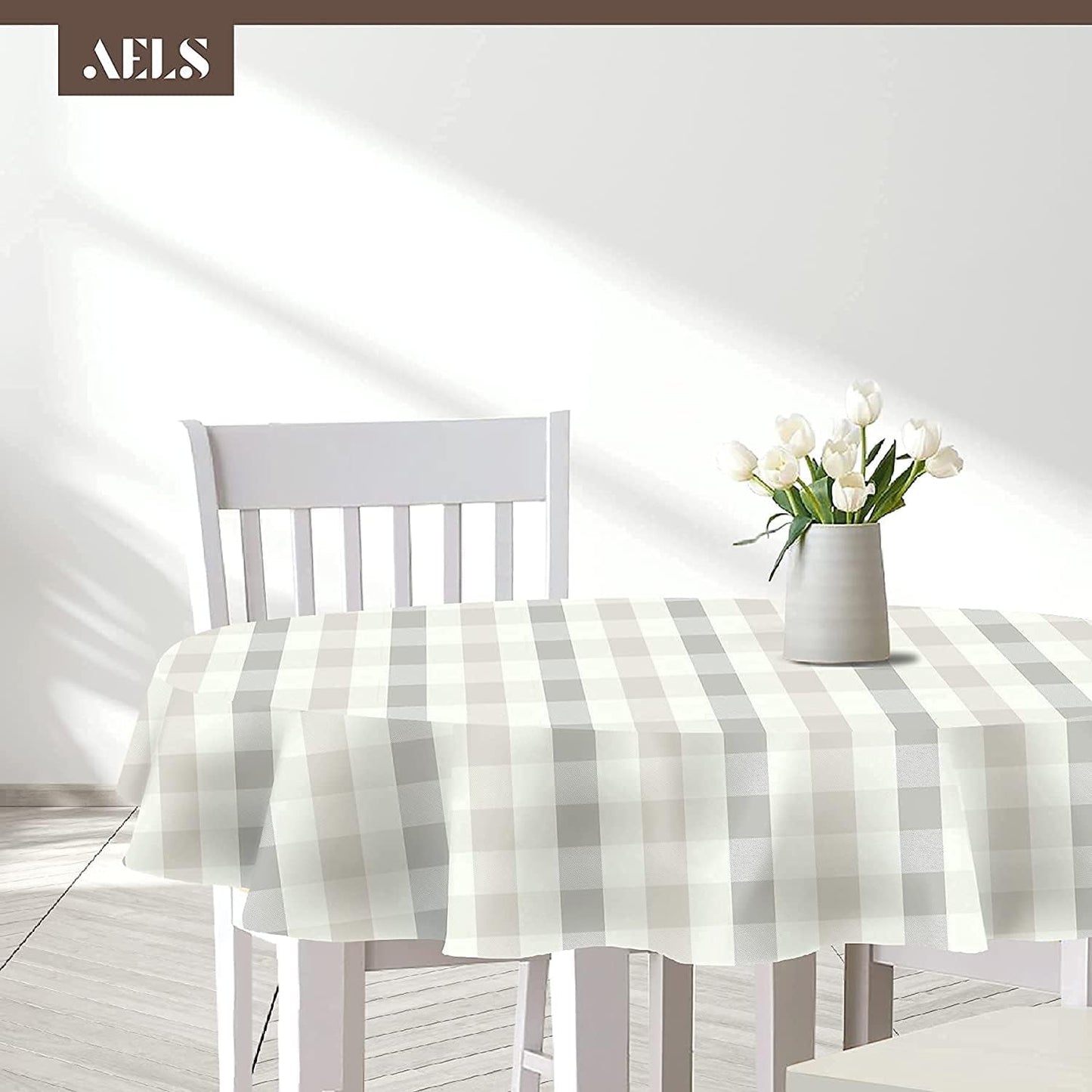 AELS 60"Round Tablecloth, Vinyl Coated Fabric Waterproof Oil-Proof Stain Resistant Washable Printed Indoor Table Cover, Decorative Table Cloths for Dining Tables, Kitchen and Parties, Light Brown Grid