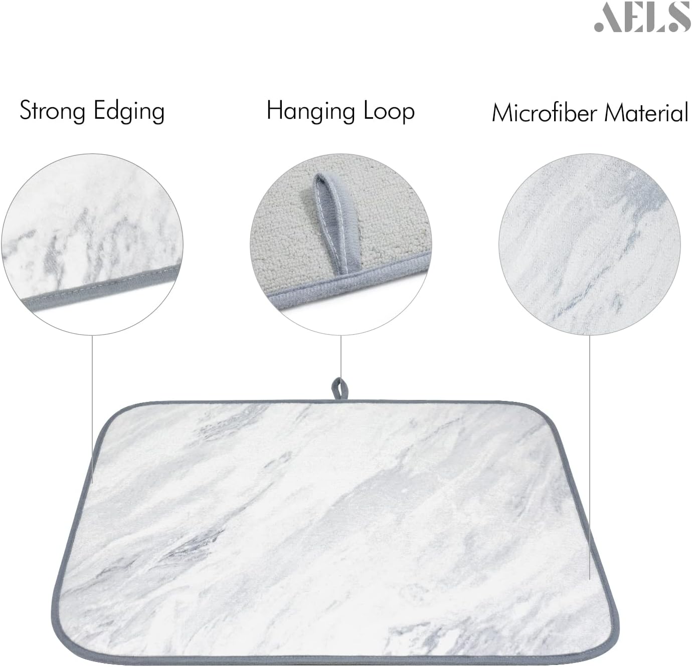 AELS XL 24" x 18" Dish Drying Mat, Set of 2, for Kitchen Counter, White Marble Reversible Absorbent Microfiber Dish Drainer/Rack Pads with Hanging Loop