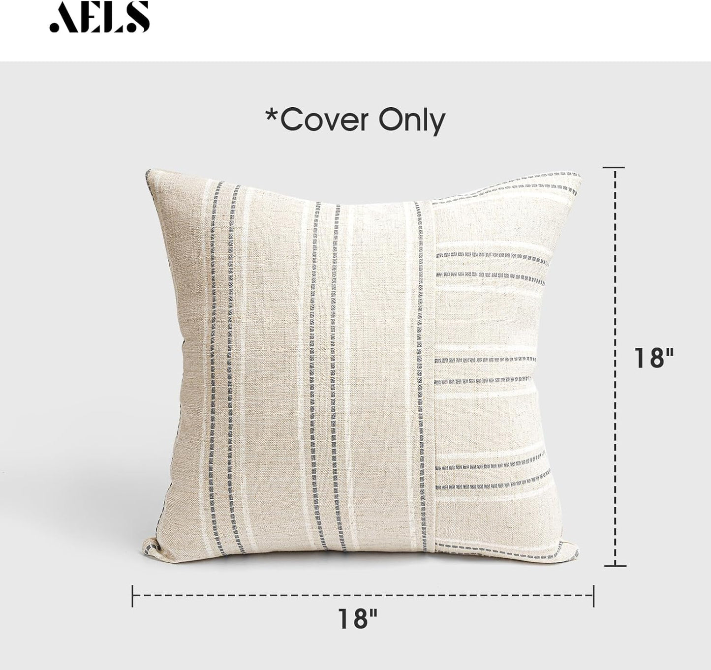 AELS 18x18 Decorative Farmhouse Linen Throw Pillow Covers, Boho Textured Pillow Case, Set of 2, Beige with White & Gray Stripe Patchwork Cushion Cover for Sofa Couch Living Room (Cover ONLY)