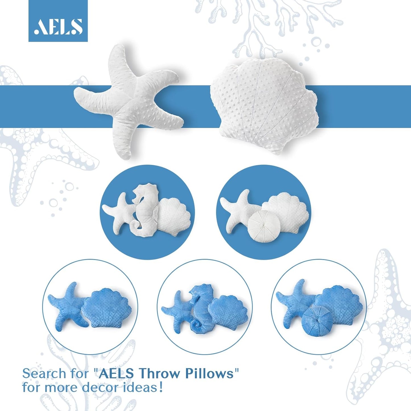 AELS Coastal Throw Pillows Set of 2, Starfish Shell Pillows, Beach Ocean Nautical Themed Smooth Soft Minky Decorative Throw Pillows, Cute Pillow for Couch Sofa Bed Living Room Bedroom Nursery, White