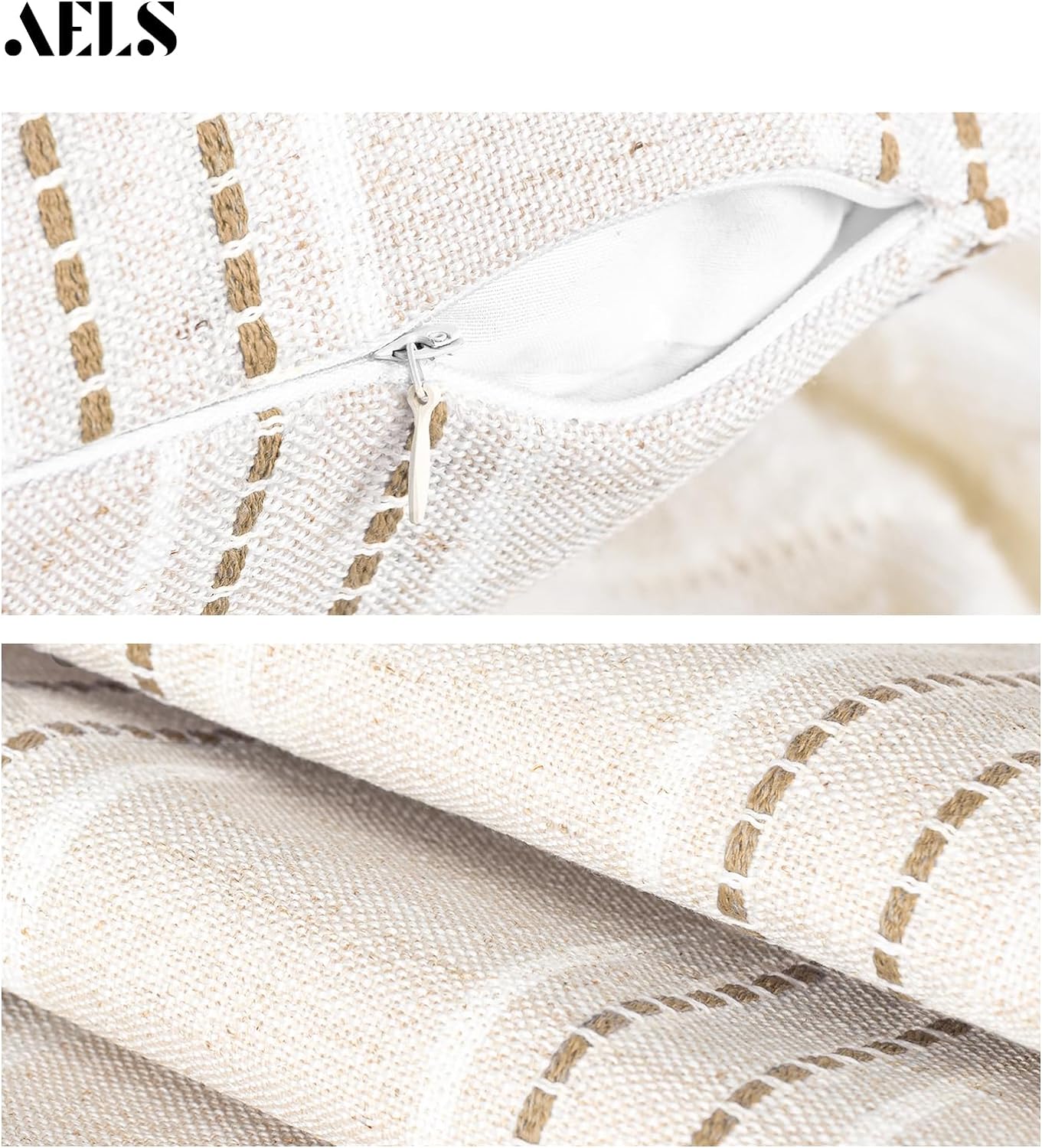 AELS 18x18 Decorative Farmhouse Linen Throw Pillow Covers, Boho Textured Pillow Case, Set of 2, Beige with White & Brown Stitch Yarn Dyed Stripe Cushion Cover for Sofa Couch Living Room (Cover ONLY)