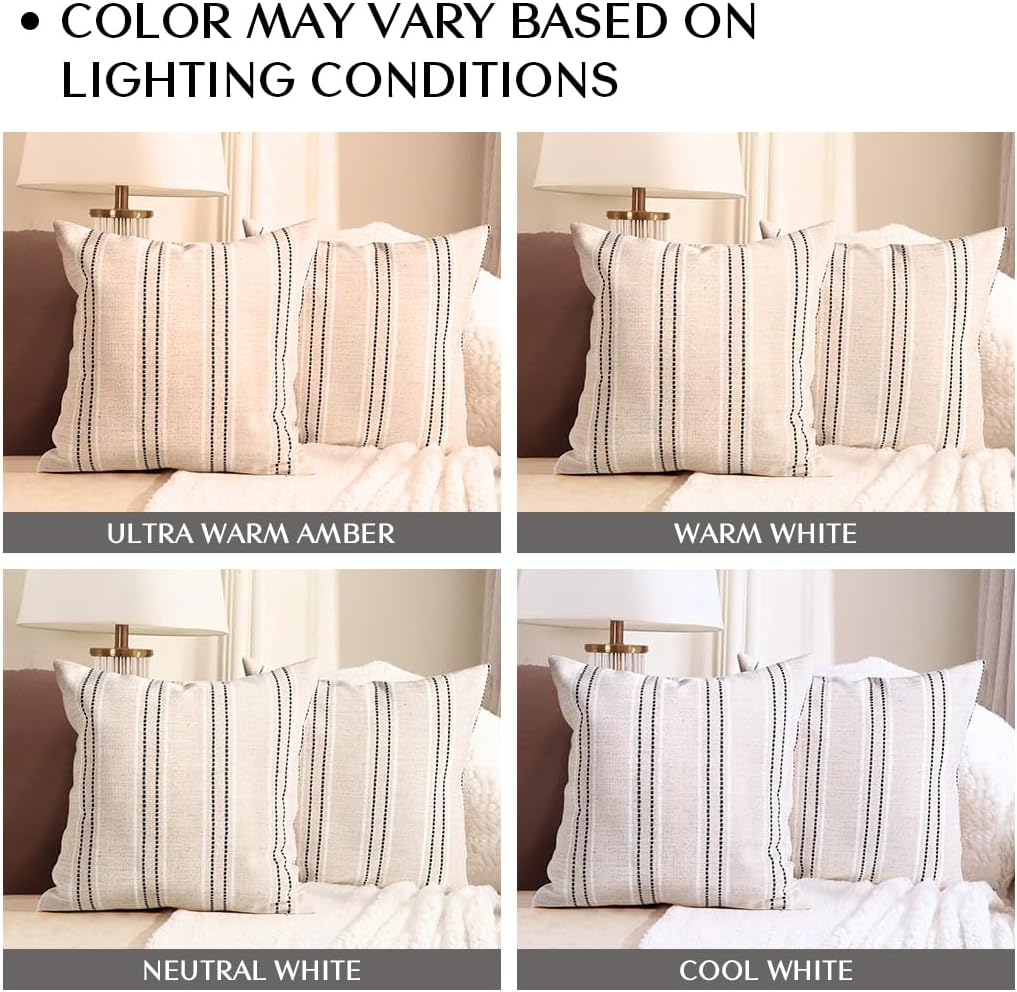 AELS 18x18 Decorative Farmhouse Linen Throw Pillow Covers, Boho Textured Pillow Case, Set of 2, Beige with White & Brown Stitch Yarn Dyed Stripe Cushion Cover for Sofa Couch Living Room (Cover ONLY)