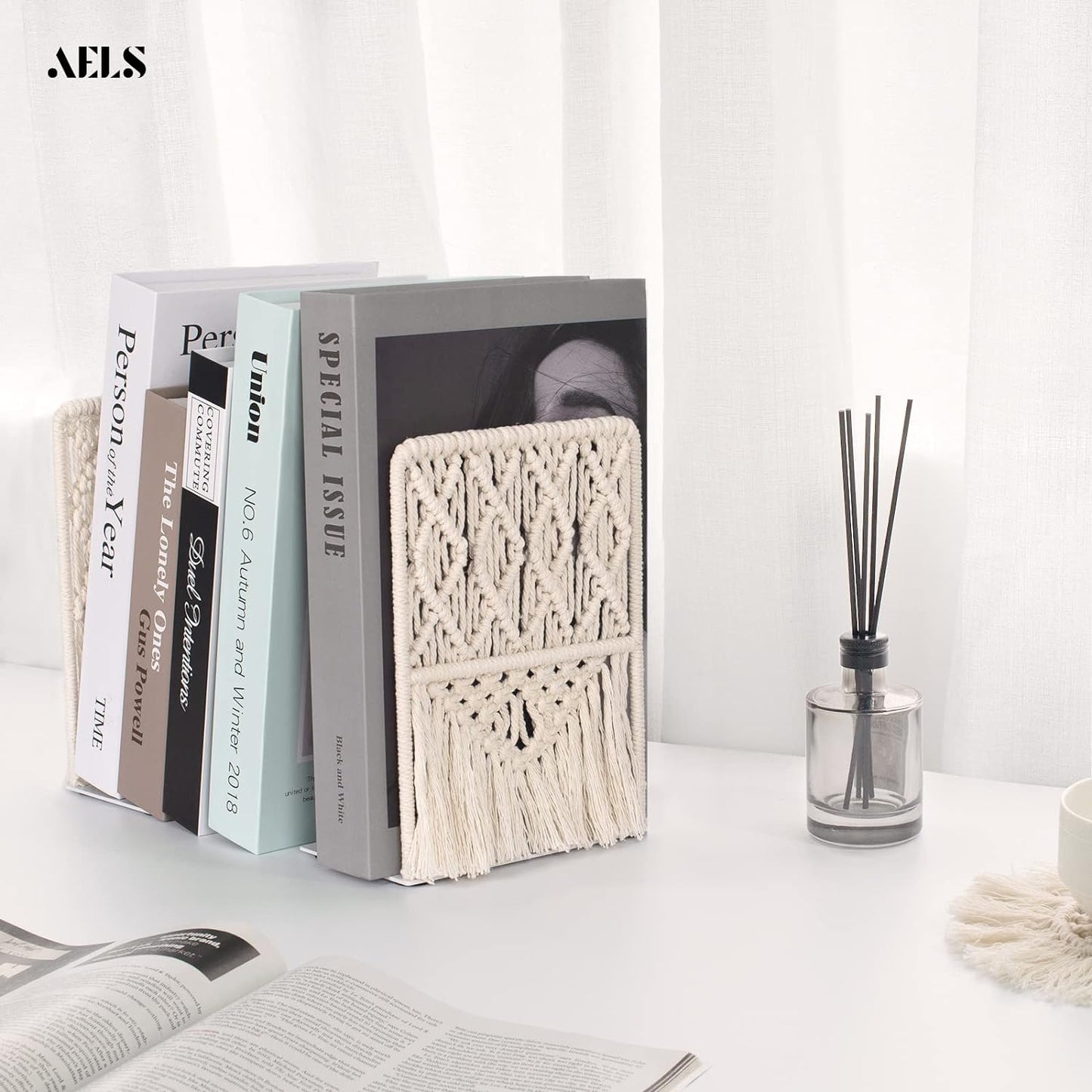 AELS Boho Macrame Bookends, Heavy Duty Metal Book Ends, Decorative Unique Bookend Supports for Shelves, Stopper for Books/Movies/CD, Farmhouse Decoration,Thanksgiving for Friends