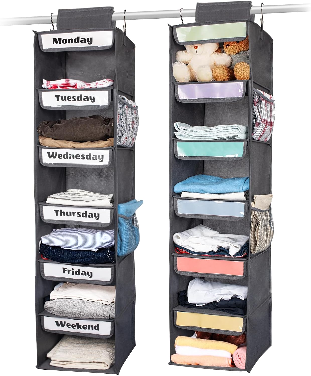 AELS 6-Shelf Weekly Clothes Organizer Set of 2, Hanging Closet Organizer for Kids & Adults, Monday Through Friday with Visual Label, Prepare & Organize Clothing, Shoes & After School Activities