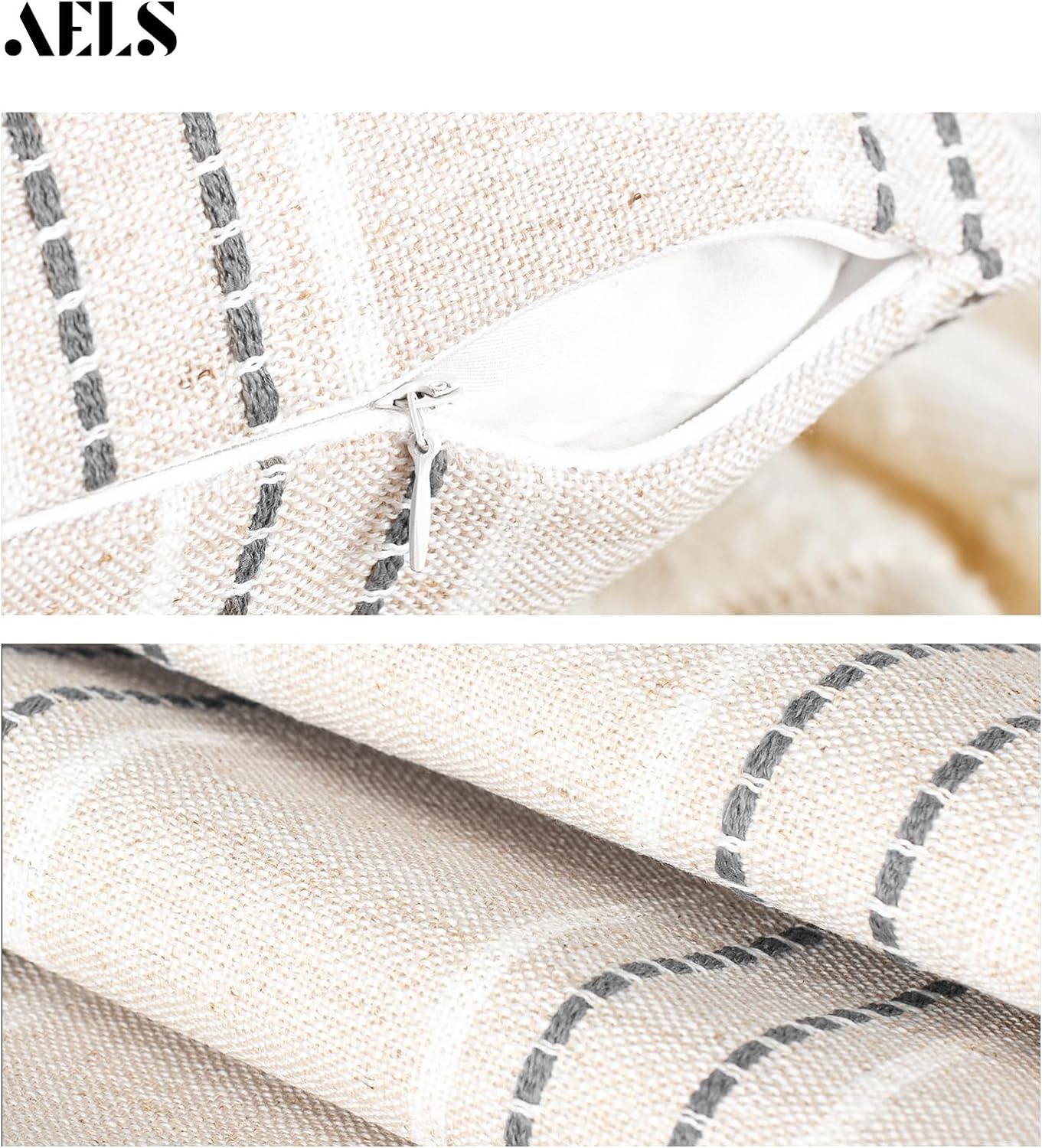 AELS 18x18 Decorative Farmhouse Linen Throw Pillow Covers, Boho Textured Pillow Case, Set of 2, Beige with White & Brown Stitch Yarn Dyed Stripe Cushion Cover for Sofa Couch Living Room (Cover ONLY)