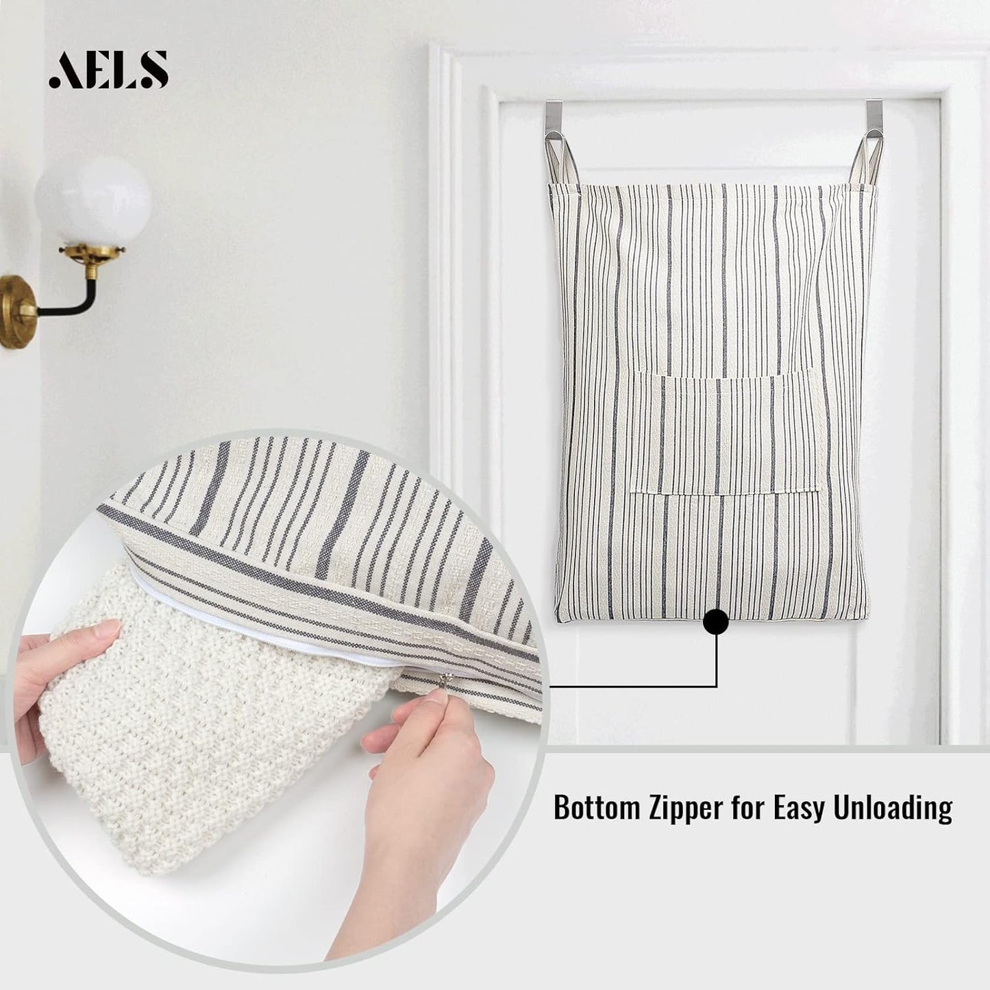 AELS Farmhouse Hanging Laundry Hamper with 2 Hooks, Washable Beige & Stripes Linen Laundry Bag with Zipper & Wide Open Top, Over the Door Organizer for Dirty Clothes, Space Saving Storage