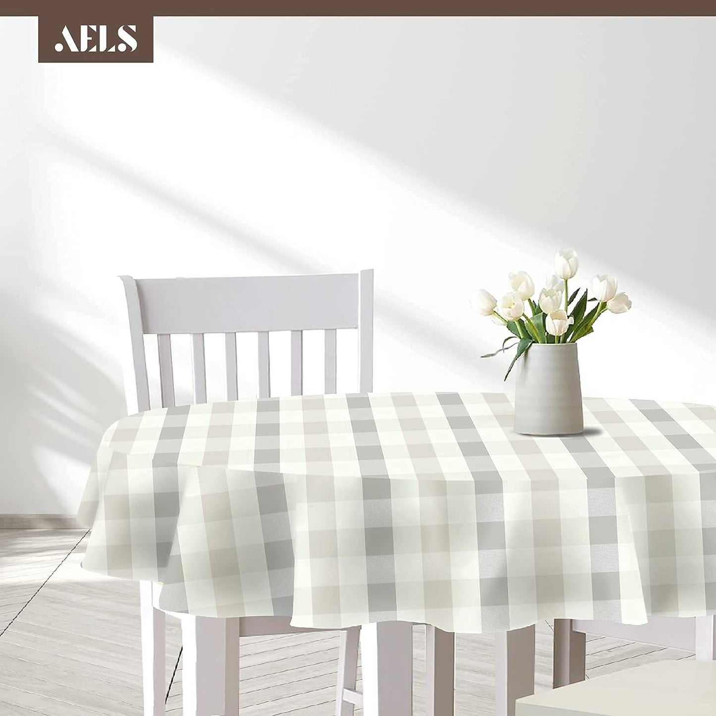 AELS 60"Round Tablecloth, Vinyl Coated Fabric Waterproof Oil-Proof Stain Resistant Washable Printed Indoor Table Cover, Decorative Table Cloths for Dining Tables, Kitchen and Parties, Light Brown Grid