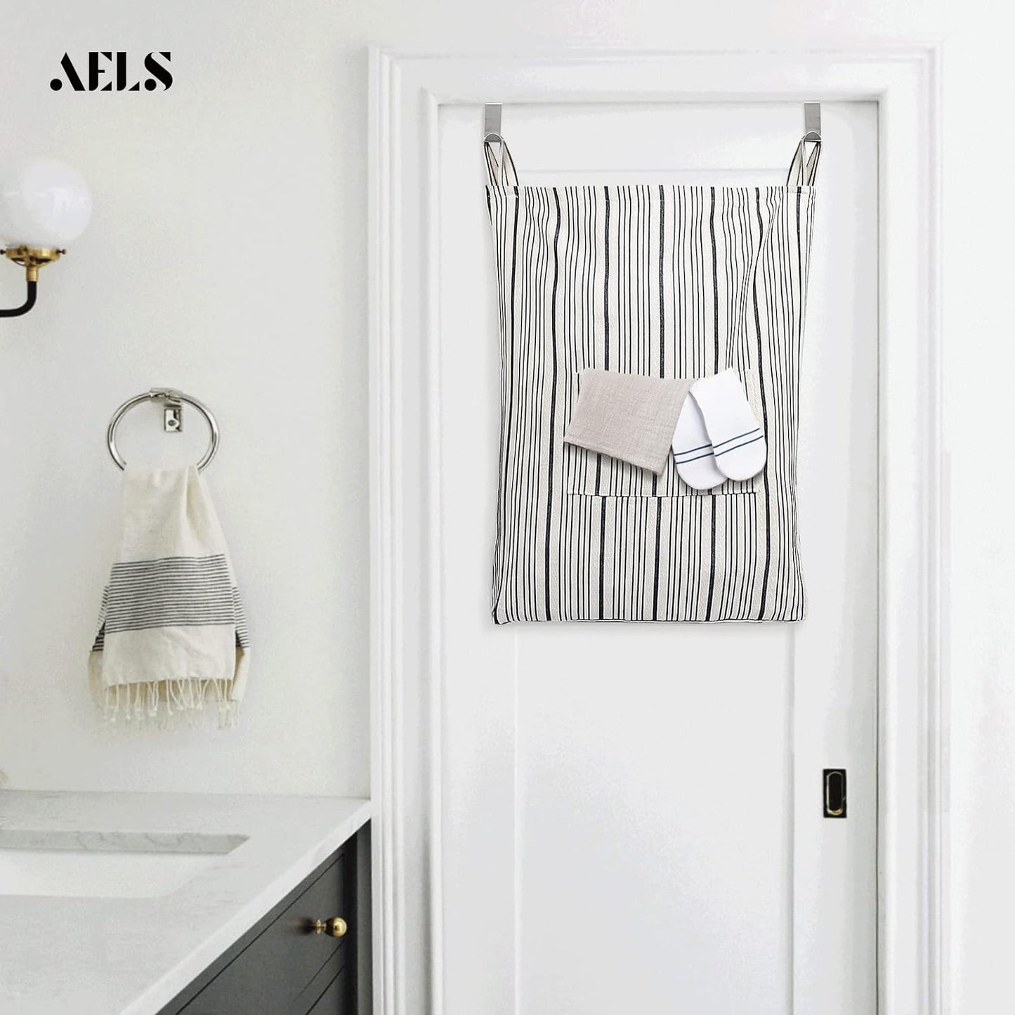 AELS Farmhouse Hanging Laundry Hamper with 2 Hooks, Washable Beige & Stripes Linen Laundry Bag with Zipper & Wide Open Top, Over the Door Organizer for Dirty Clothes, Space Saving Storage