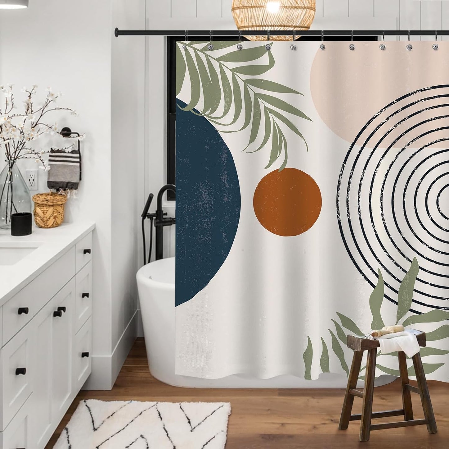 AELS Boho Shower Curtain, Modern Mid Century Curtains with 12 Hooks, Abstract Minimalist Fabric Beige Shower Curtain Set for Bathroom Decor Bohemian Home Decor