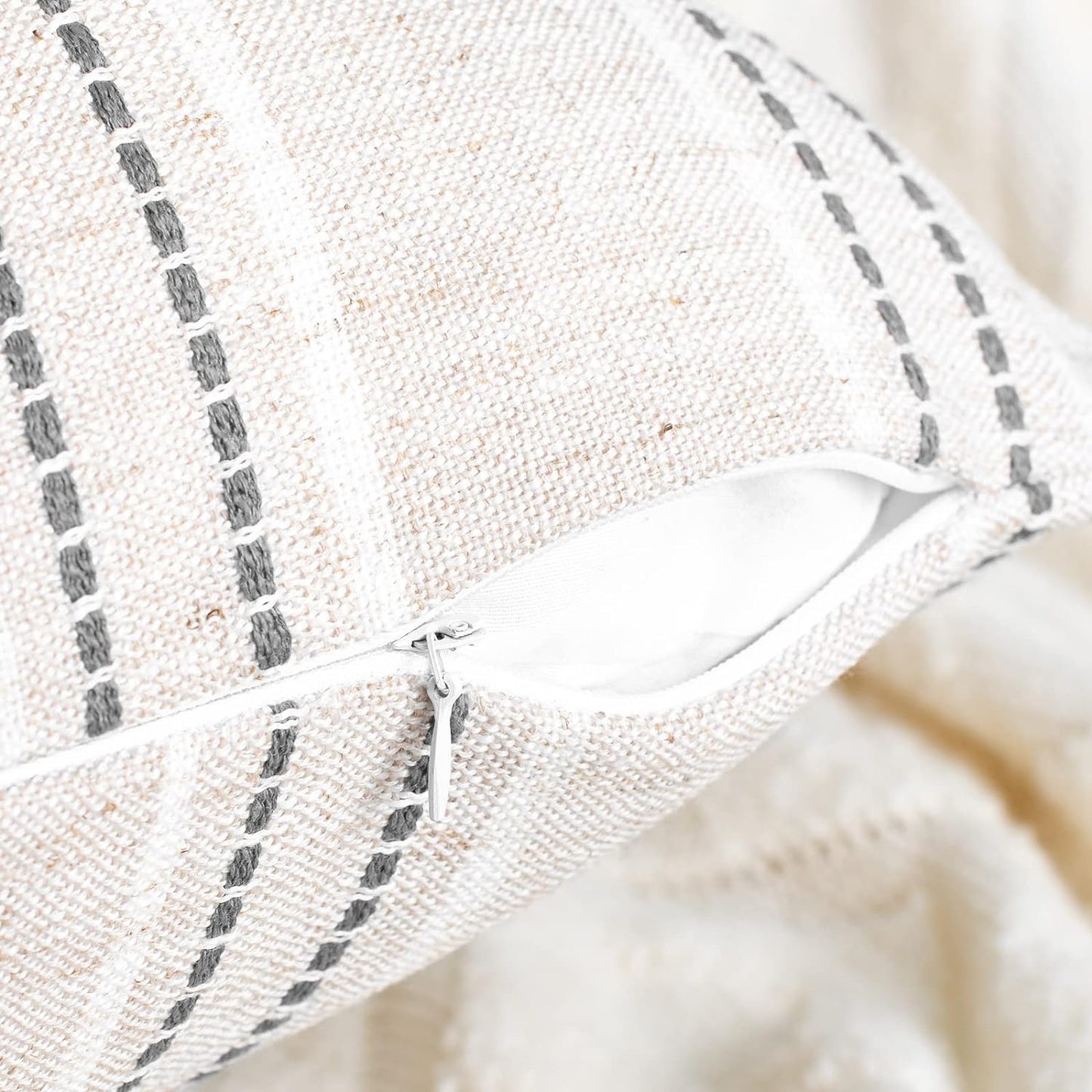AELS 18x18 Decorative Farmhouse Linen Throw Pillow Covers, Boho Textured Pillow Case, Set of 2, Beige with White & Brown Stitch Yarn Dyed Stripe Cushion Cover for Sofa Couch Living Room (Cover ONLY)