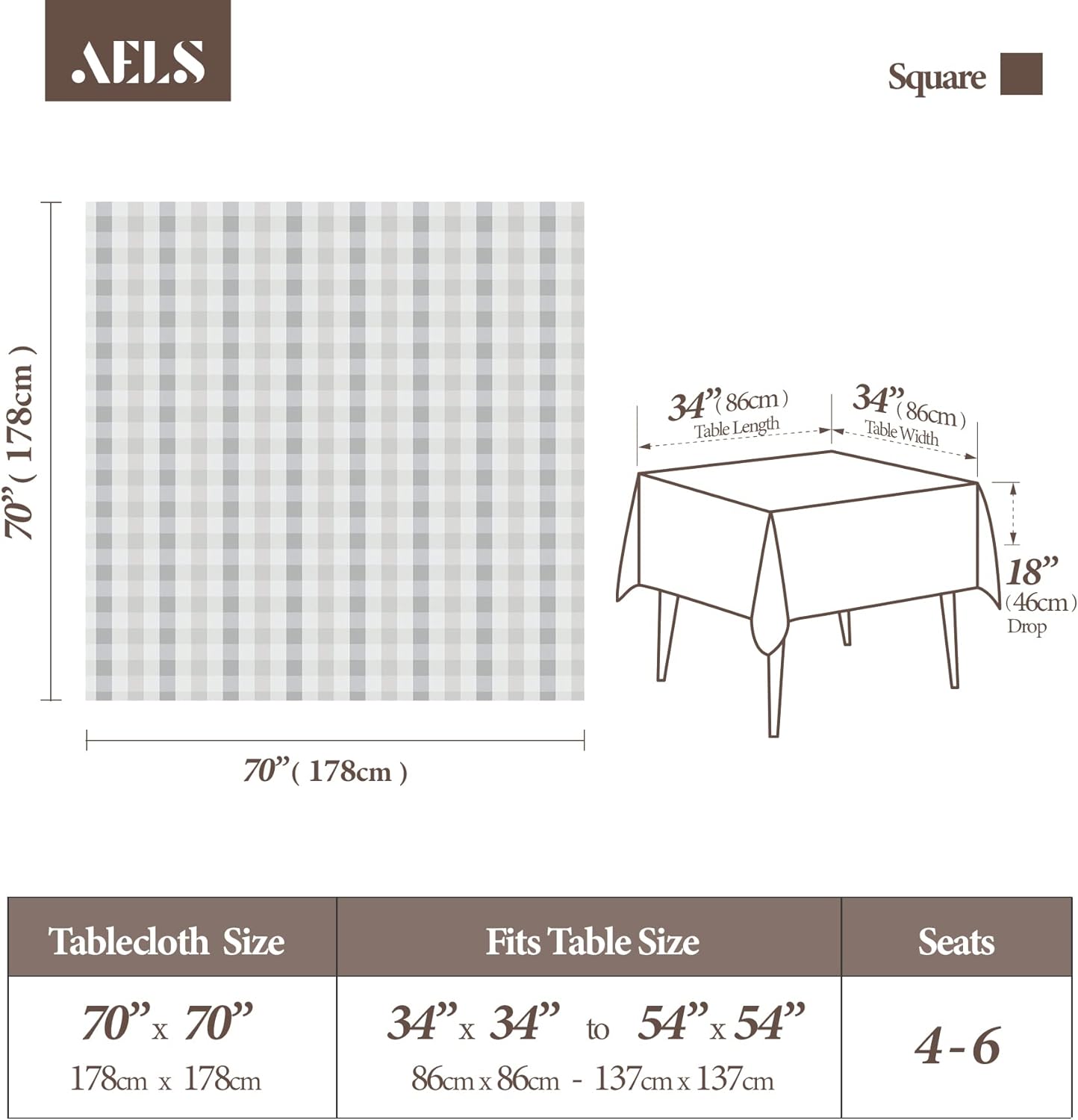 AELS 60"Round Tablecloth, Vinyl Coated Fabric Waterproof Oil-Proof Stain Resistant Washable Printed Indoor Table Cover, Decorative Table Cloths for Dining Tables, Kitchen and Parties, Light Brown Grid