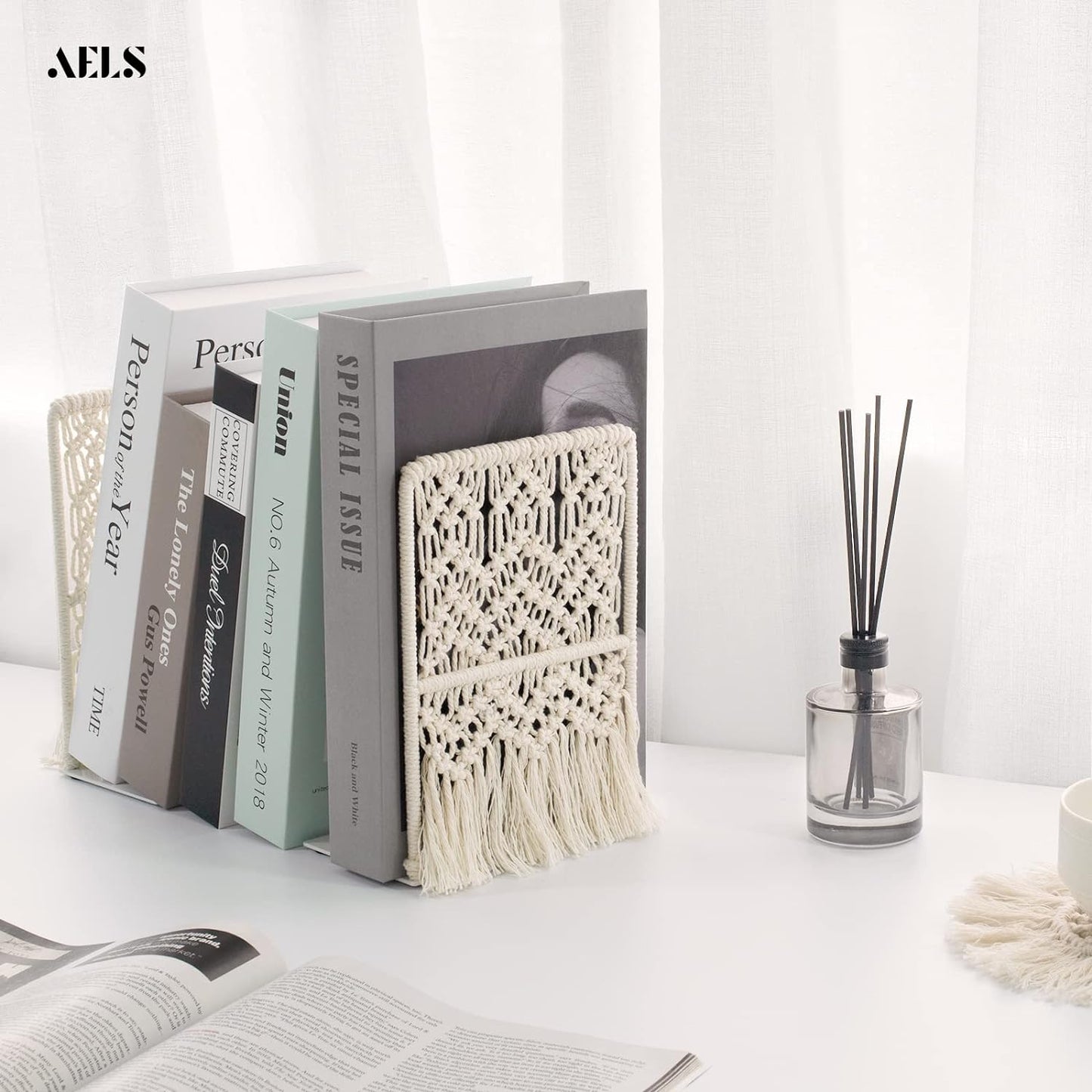 AELS Boho Macrame Bookends, Heavy Duty Metal Book Ends, Decorative Unique Bookend Supports for Shelves, Stopper for Books/Movies/CD, Farmhouse Decoration,Thanksgiving for Friends