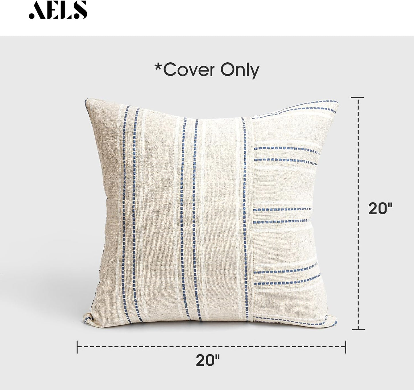 AELS 18x18 Decorative Farmhouse Linen Throw Pillow Covers, Boho Textured Pillow Case, Set of 2, Beige with White & Gray Stripe Patchwork Cushion Cover for Sofa Couch Living Room (Cover ONLY)