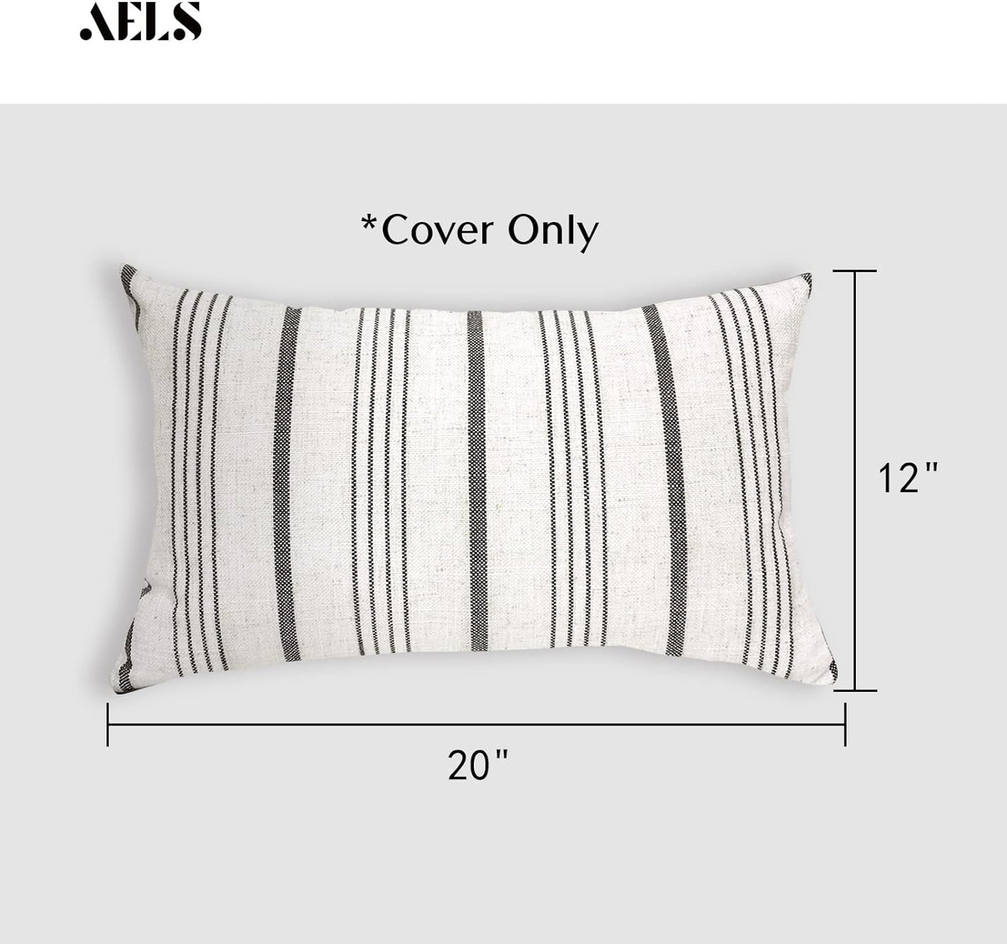 AELS 12x20 Decorative Farmhouse Throw Pillow Covers, Modern Rectangle Lumbar Pillow Case, Set of 2 Off White with Charcoal Stripes Textured Linen Cushion Cover for Sofa Couch Living Room (Cover ONLY)