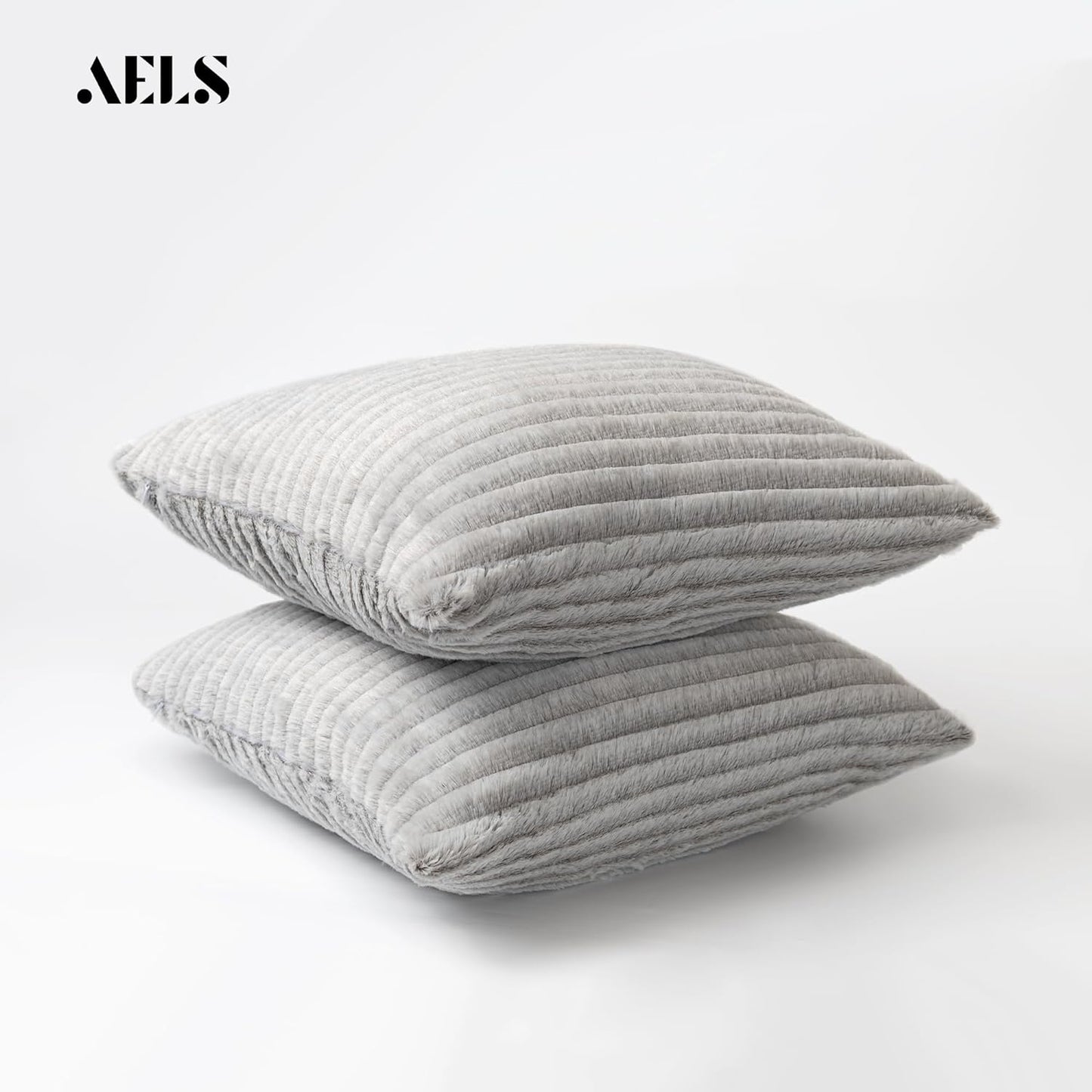 AELS 16x16 Decorative Faux Fur Striped Throw Pillow Covers, Set of 2, Accent Textured Plush Pillow Case, Modern Fuzzy Cushion Cover for Sofa Couch Living Room, Cover ONLY, Gray