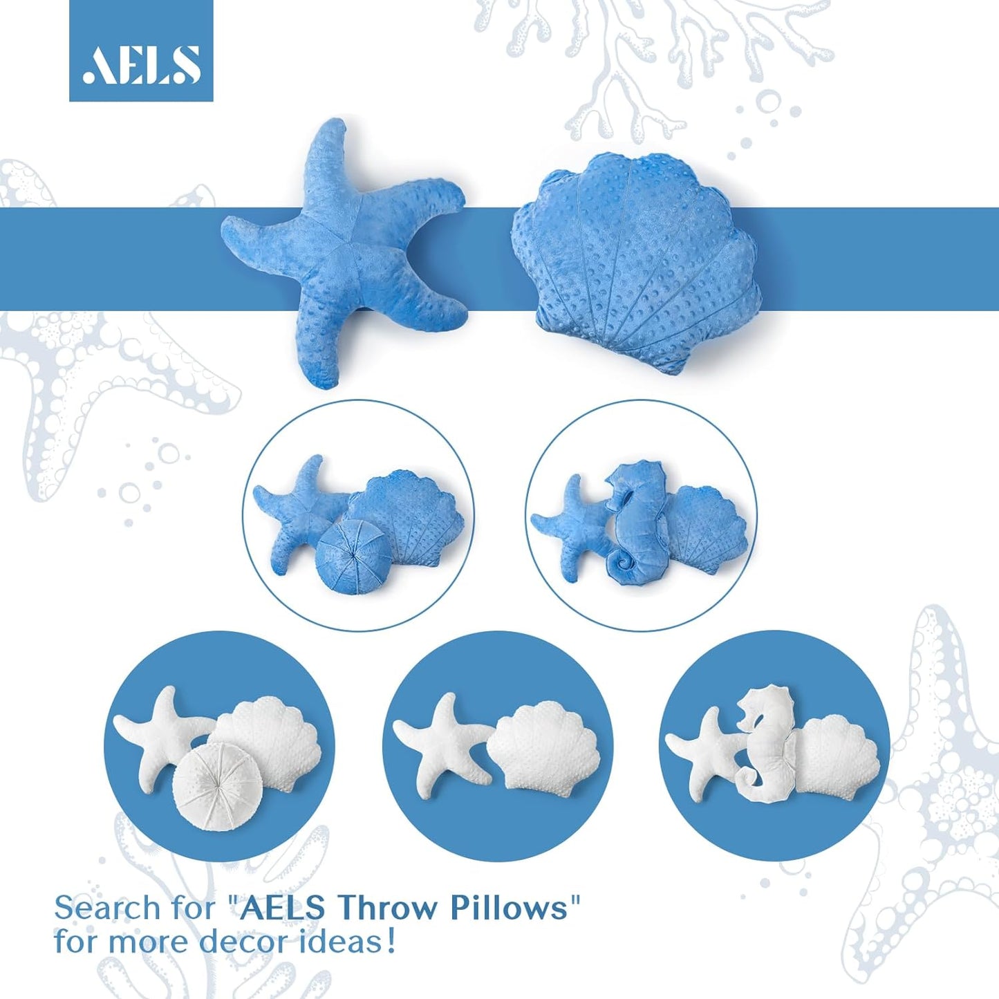 AELS Coastal Throw Pillows Set of 2, Starfish Shell Pillows, Beach Ocean Nautical Themed Smooth Soft Minky Decorative Throw Pillows, Cute Pillow for Couch Sofa Bed Living Room Bedroom Nursery, White